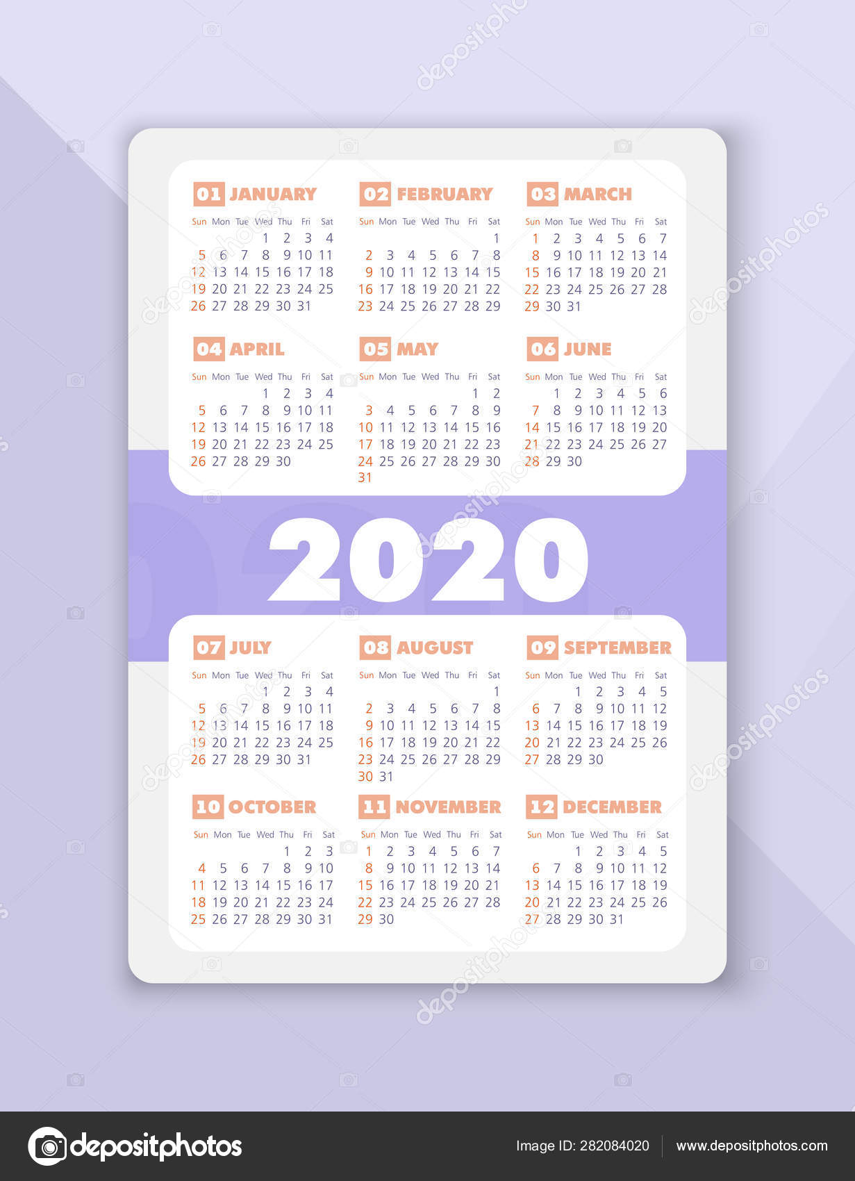 Vector Calendar 2020 Year. Week Starts From Sunday