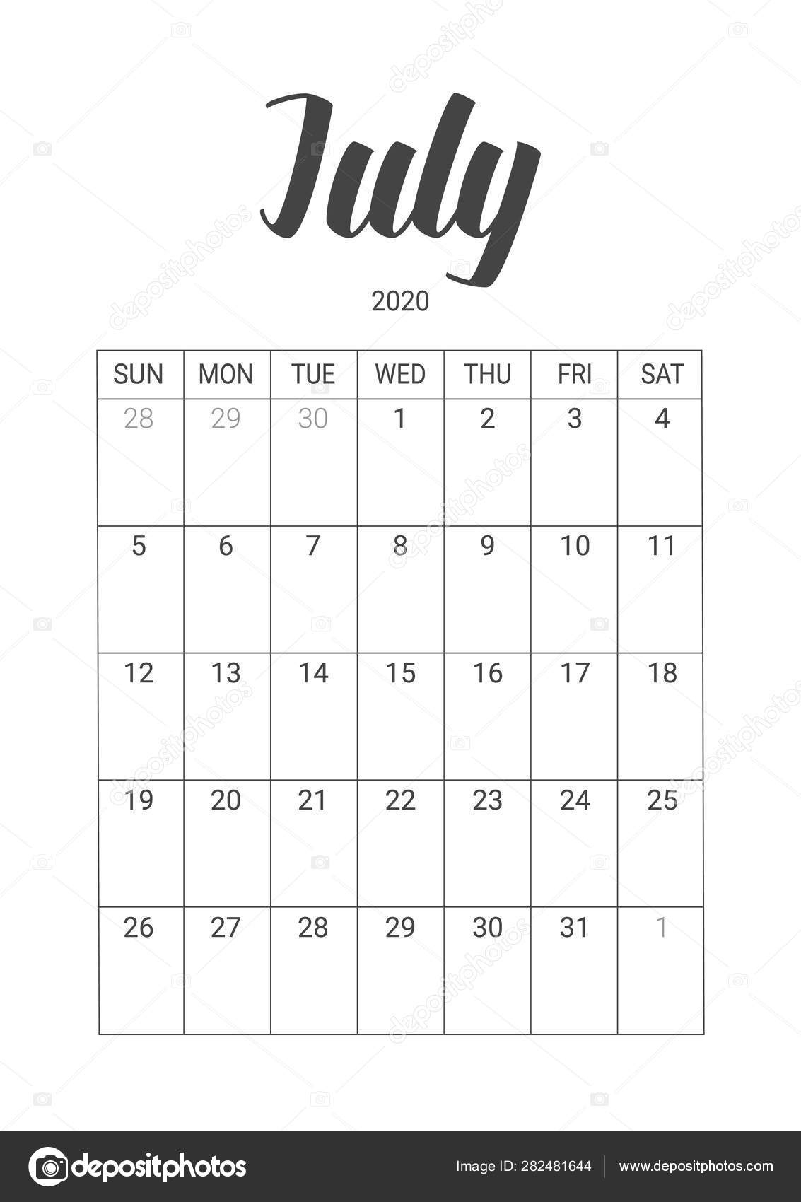 Vector Calendar For July 2020. Stationery Design