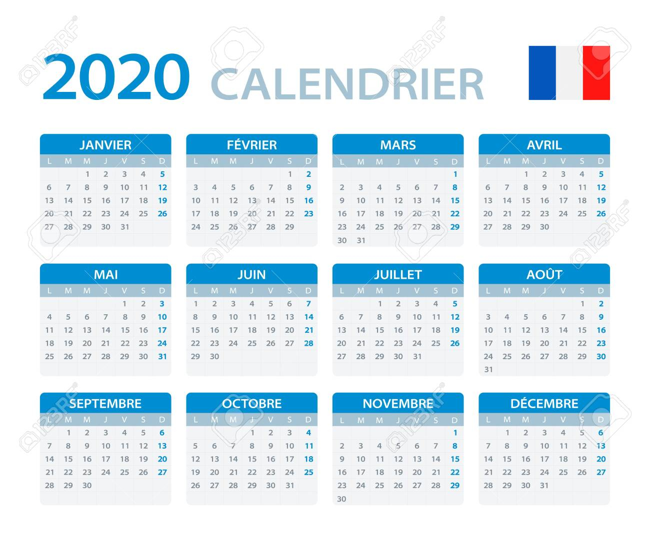 Vector Template Of Color 2020 Calendar - French Version