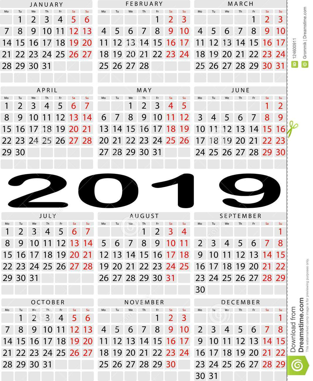 Vertical Calendar For 2019 Year. Week With Two Days Off