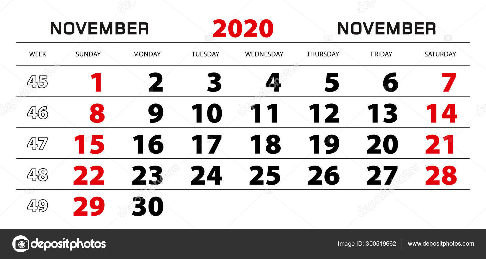 Wall Calendar 2020 For November, Week Start From Sunday