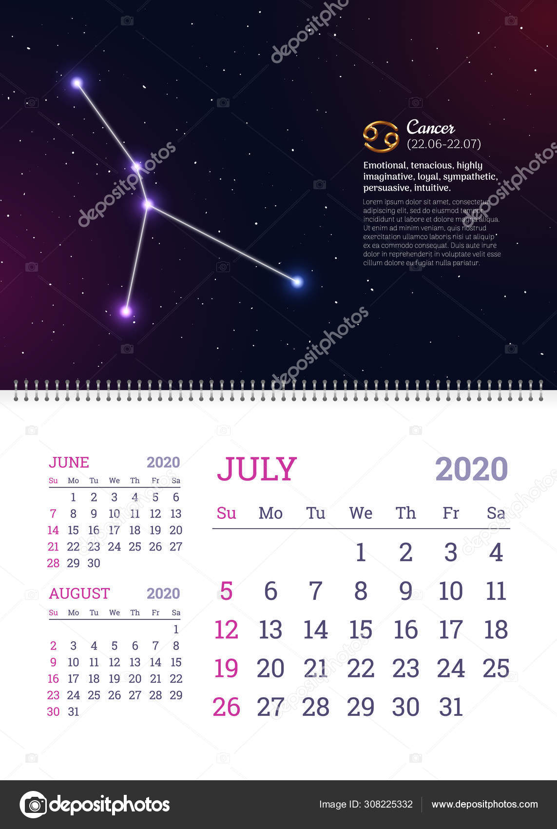 Wall Calendar For July 2020 Year — Stock Vector © Nastya-Mal