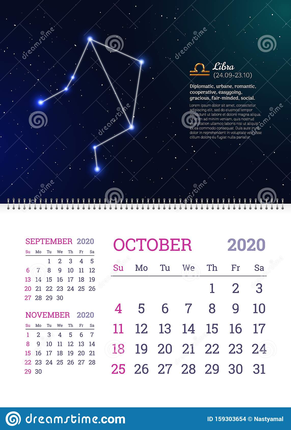 Wall Calendar For October 2020 Year Stock Vector