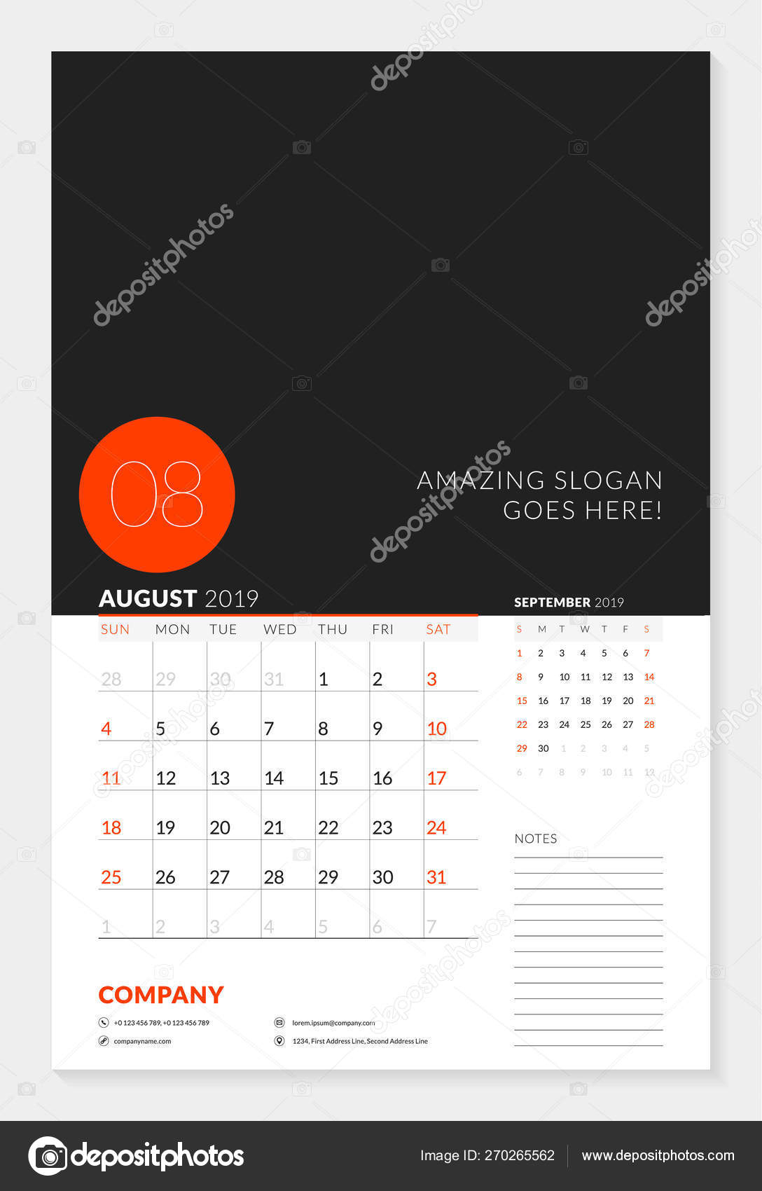 Wall Calendar Planner Template For 2019 Year. 2 Months On