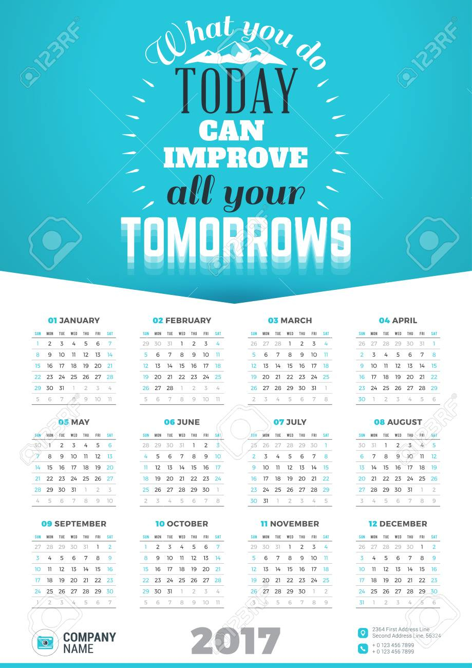 Wall Calendar Poster For 2017 Year. Vector Design Print Template With  Typographic Motivational Quote On Yellow Background. What You Do Today Can