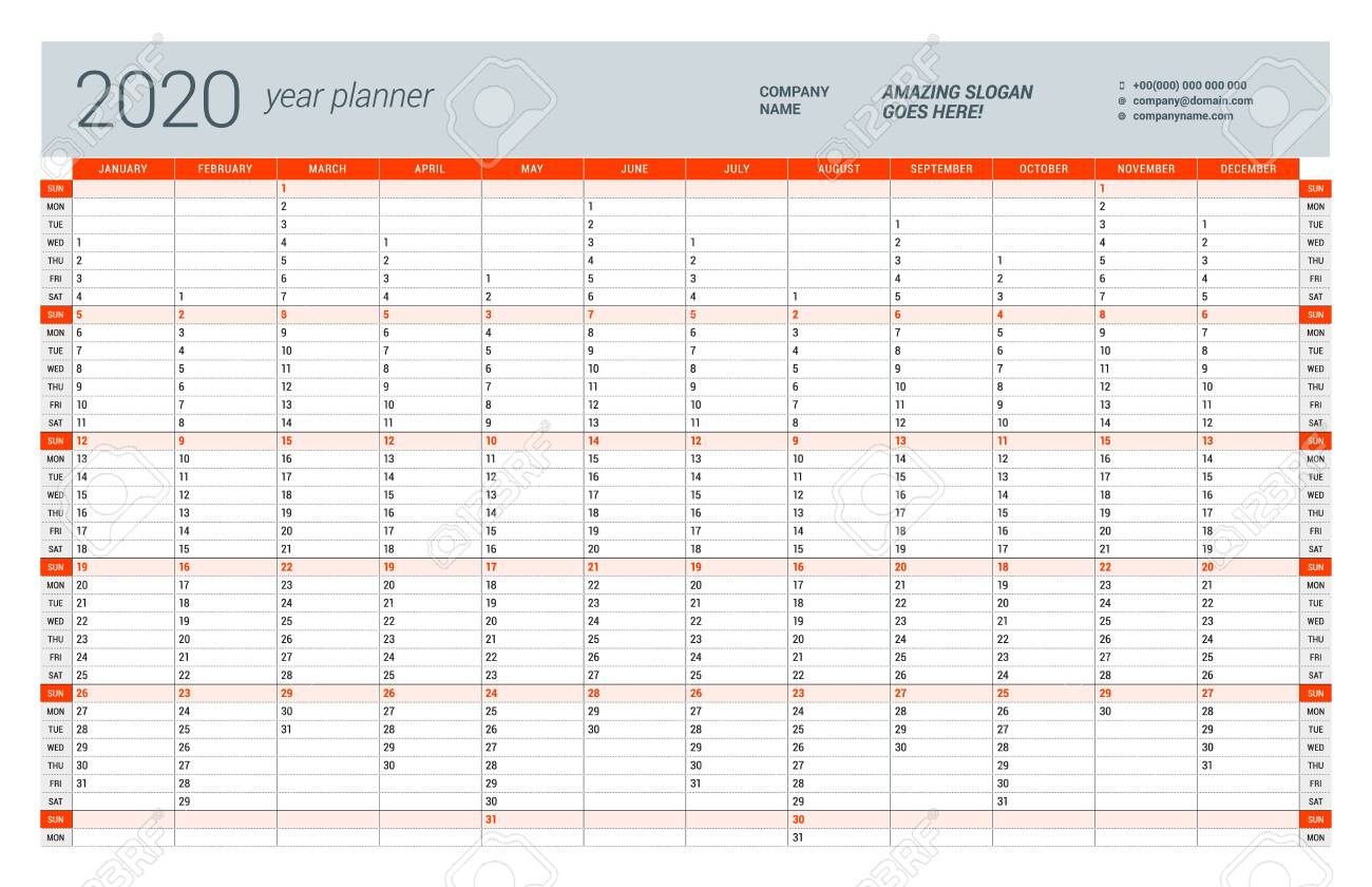 Wall Calendar Yearly Planner Template For 2020. Vector Design..