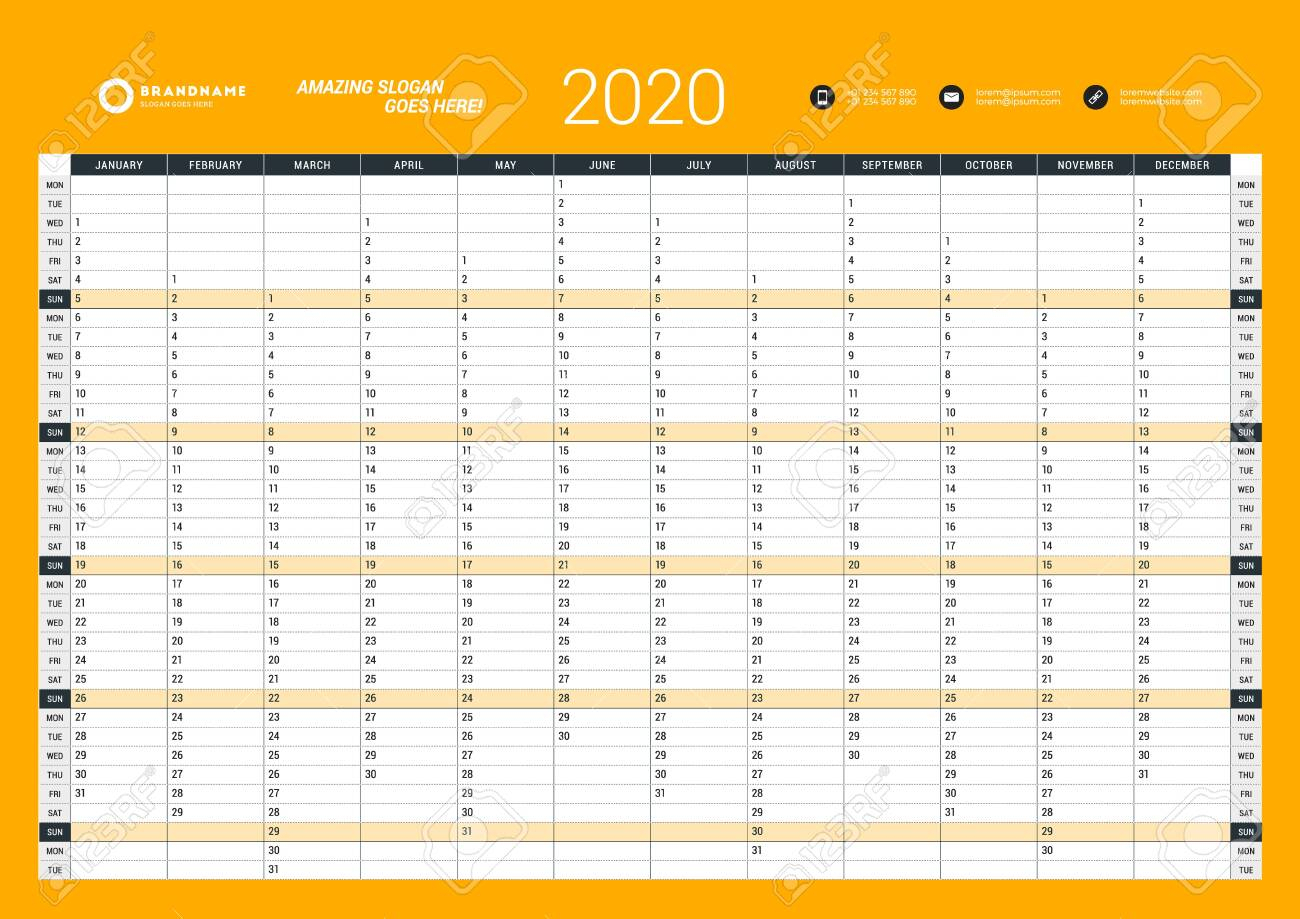 Wall Calendar Yearly Planner Template For 2020. Vector Design..