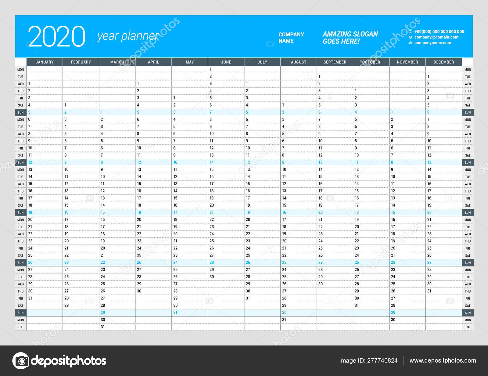 Wall Calendar Yearly Planner Template For 2020. Vector