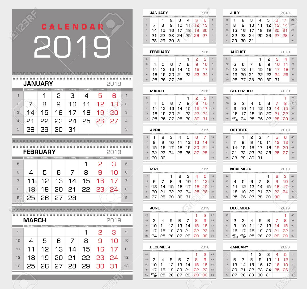 Wall Quarterly Calendar 2019 With Week Numbers. Week Start From..