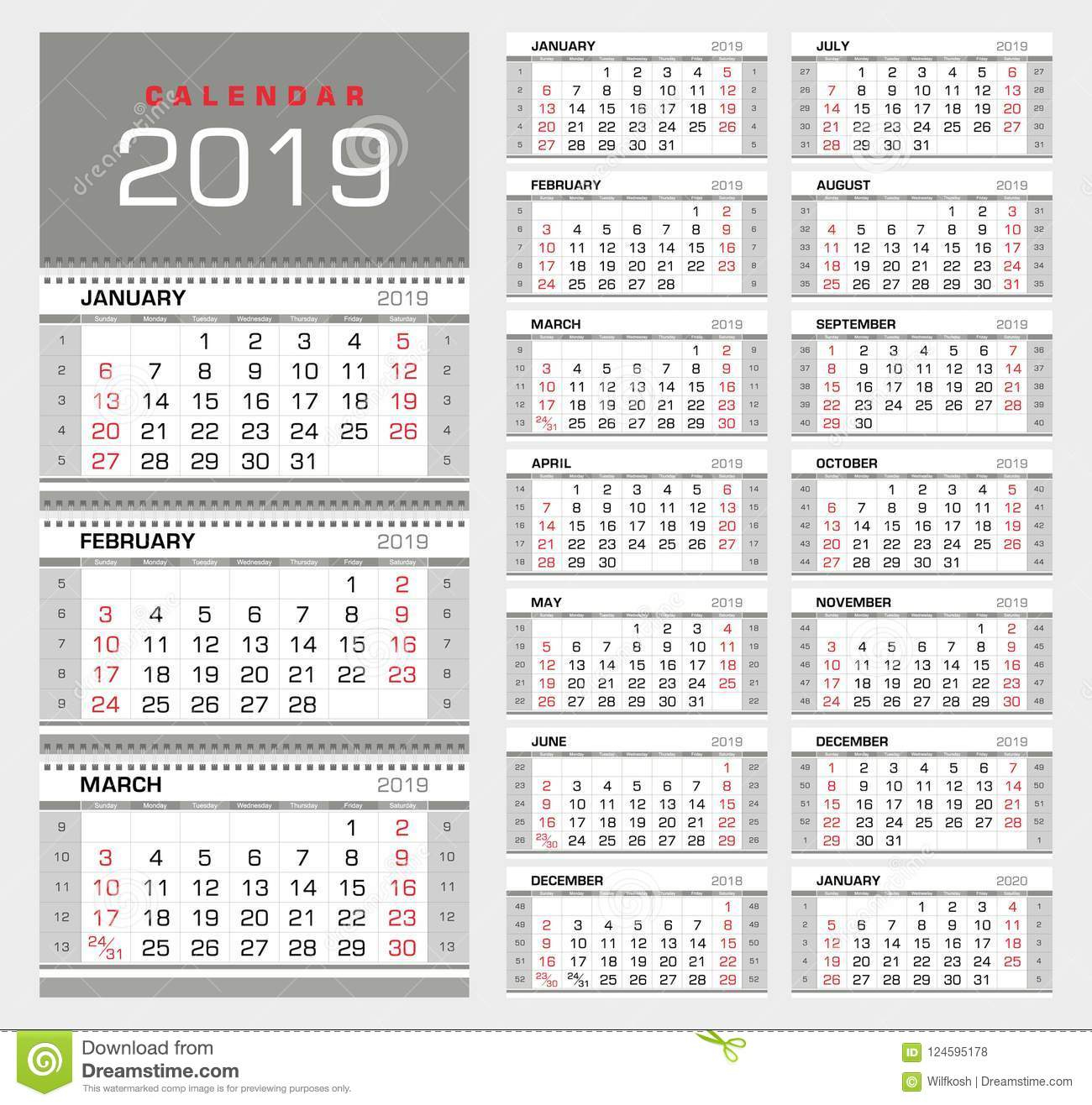 Wall Quarterly Calendar 2019 With Week Numbers. Week Start