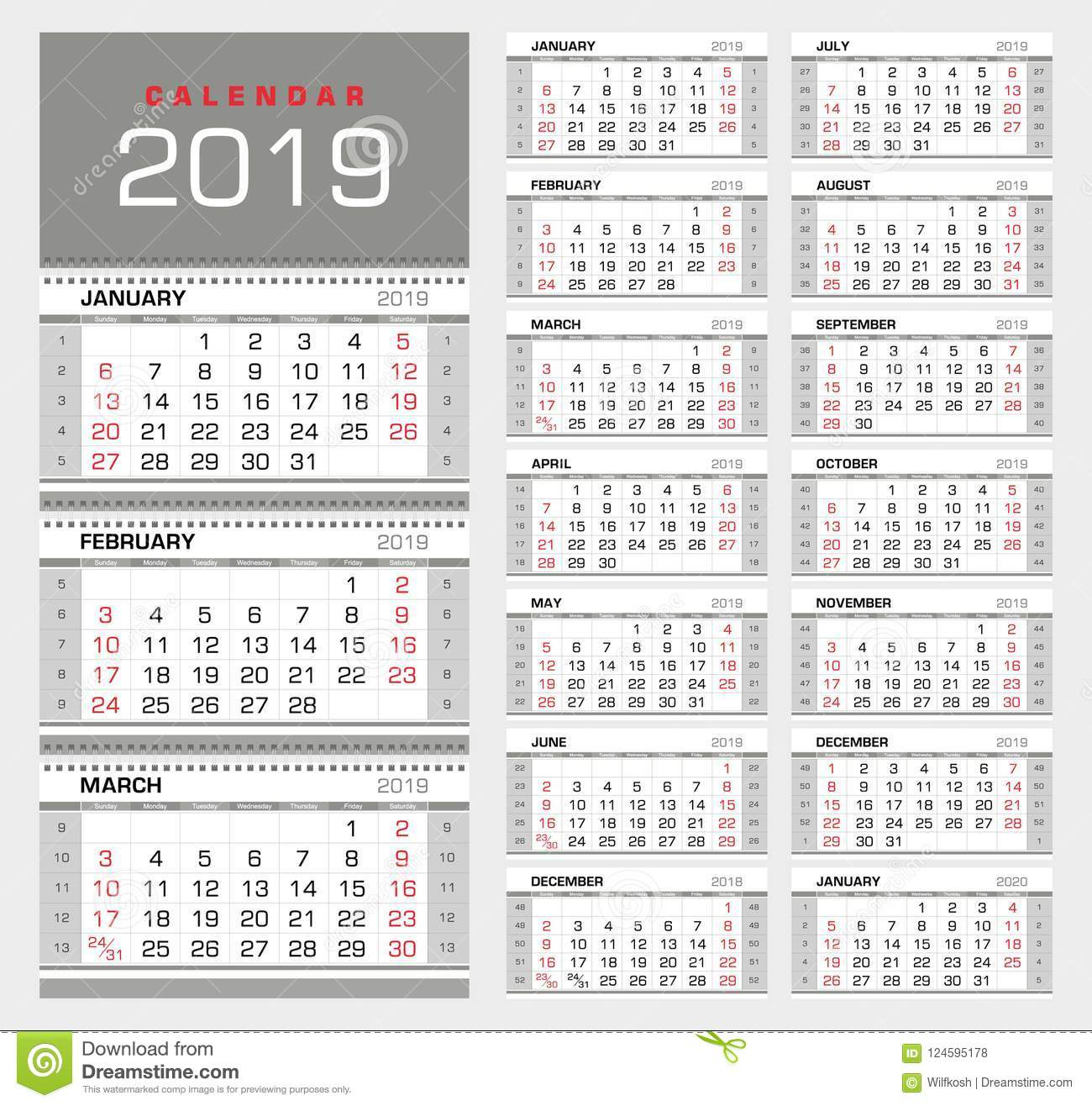 calendar with week number 2019