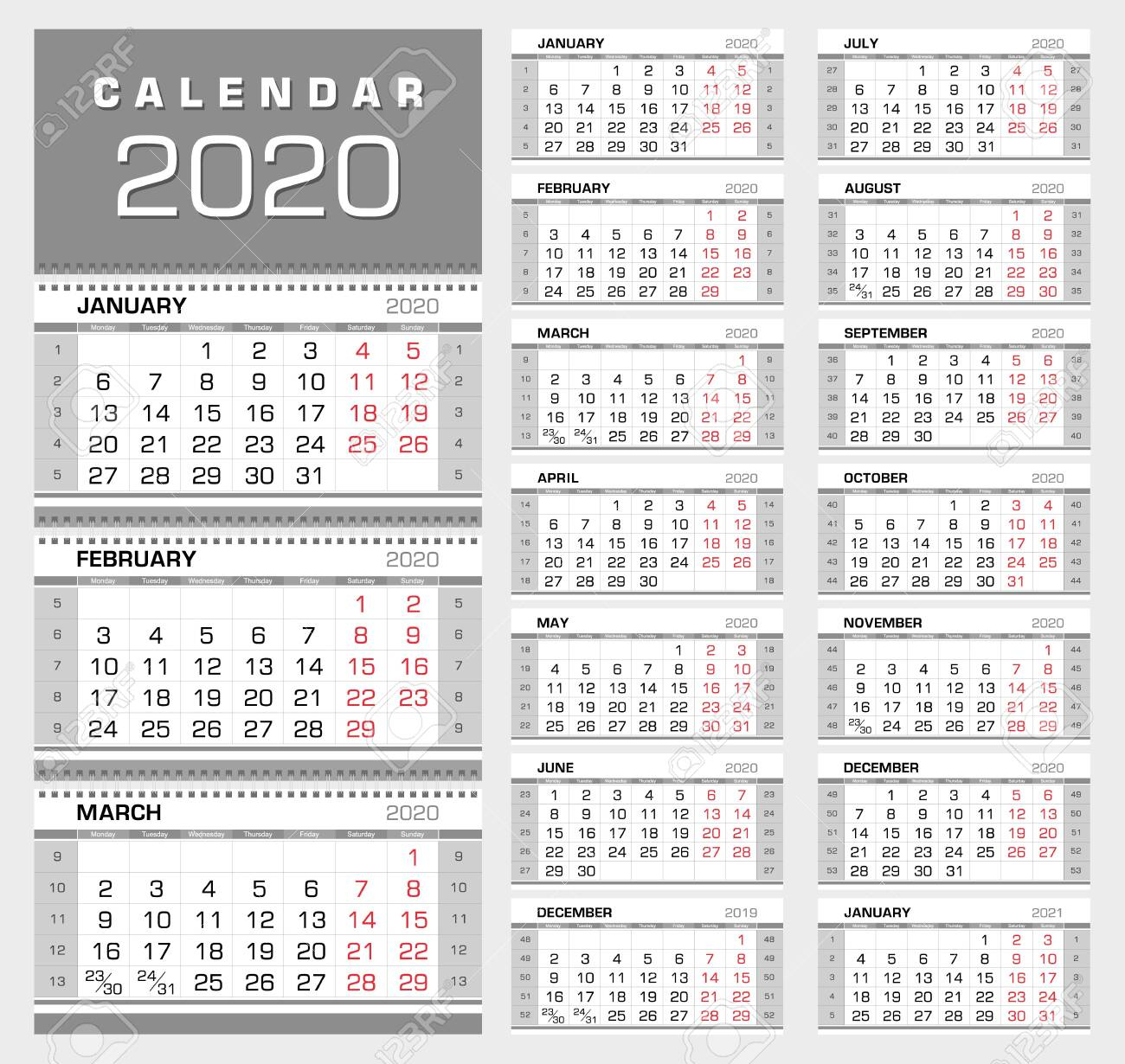 Wall Quarterly Calendar 2020 With Week Numbers. Week Start From..