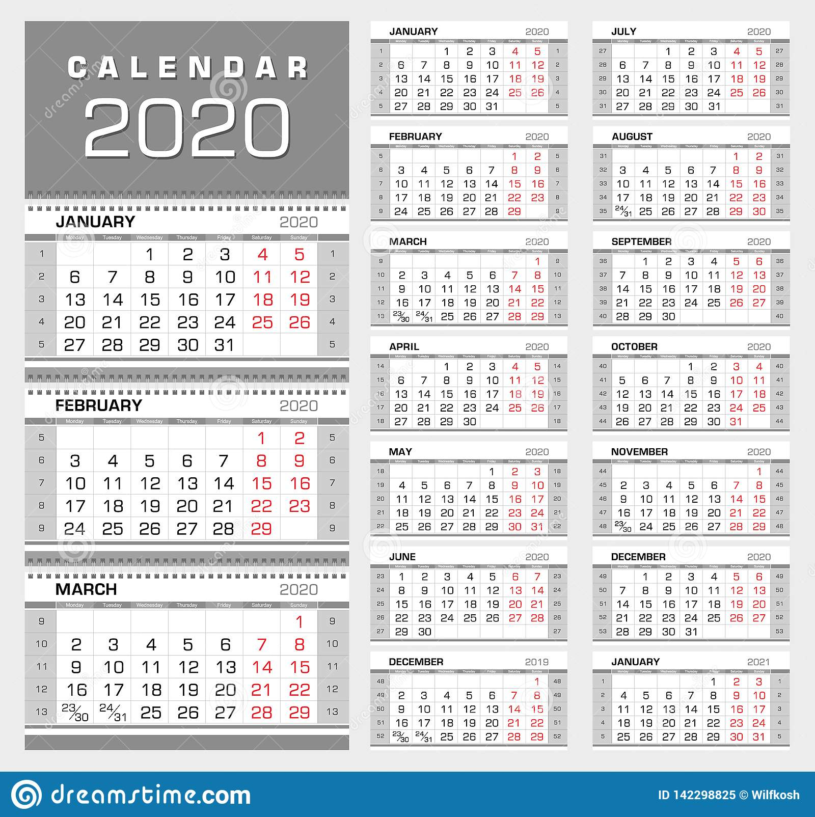 Wall Quarterly Calendar 2020 With Week Numbers. Week Start