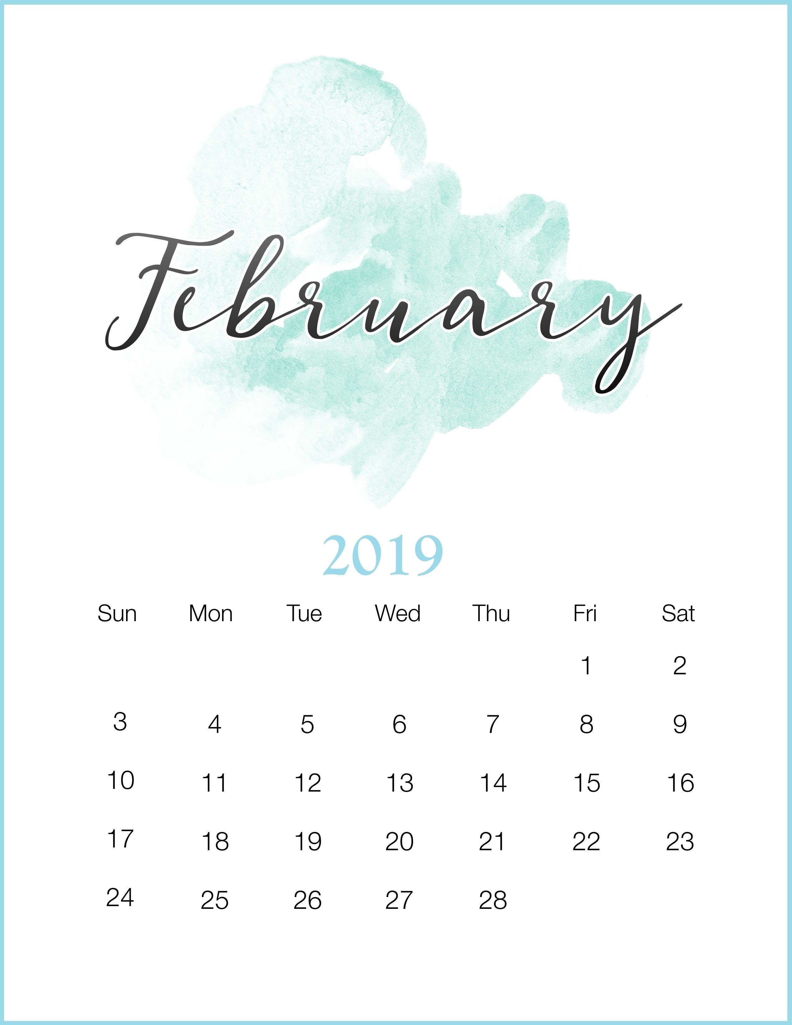 Watercolor 2019 February Printable Calendar February2019