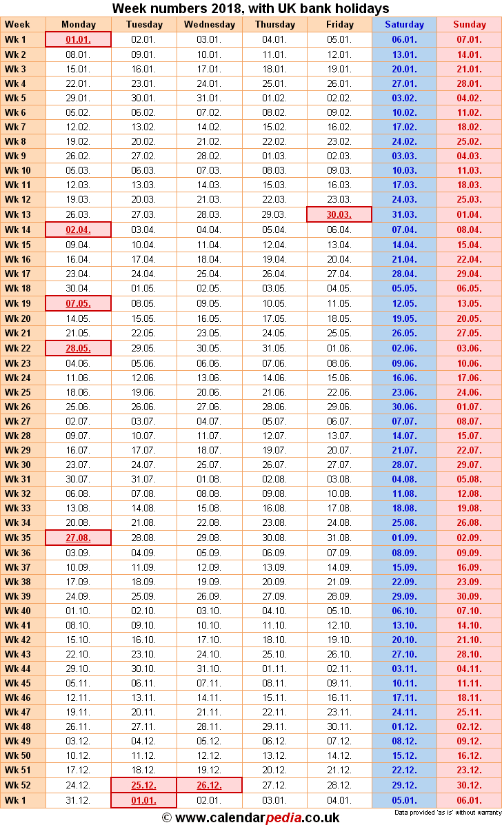 Week Numbers 2018, With Bank Holidays &amp; Excel/pdf/word Templates