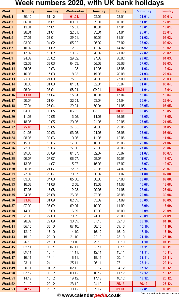 Week Numbers 2020, With Bank Holidays &amp; Excel/pdf/word Templates