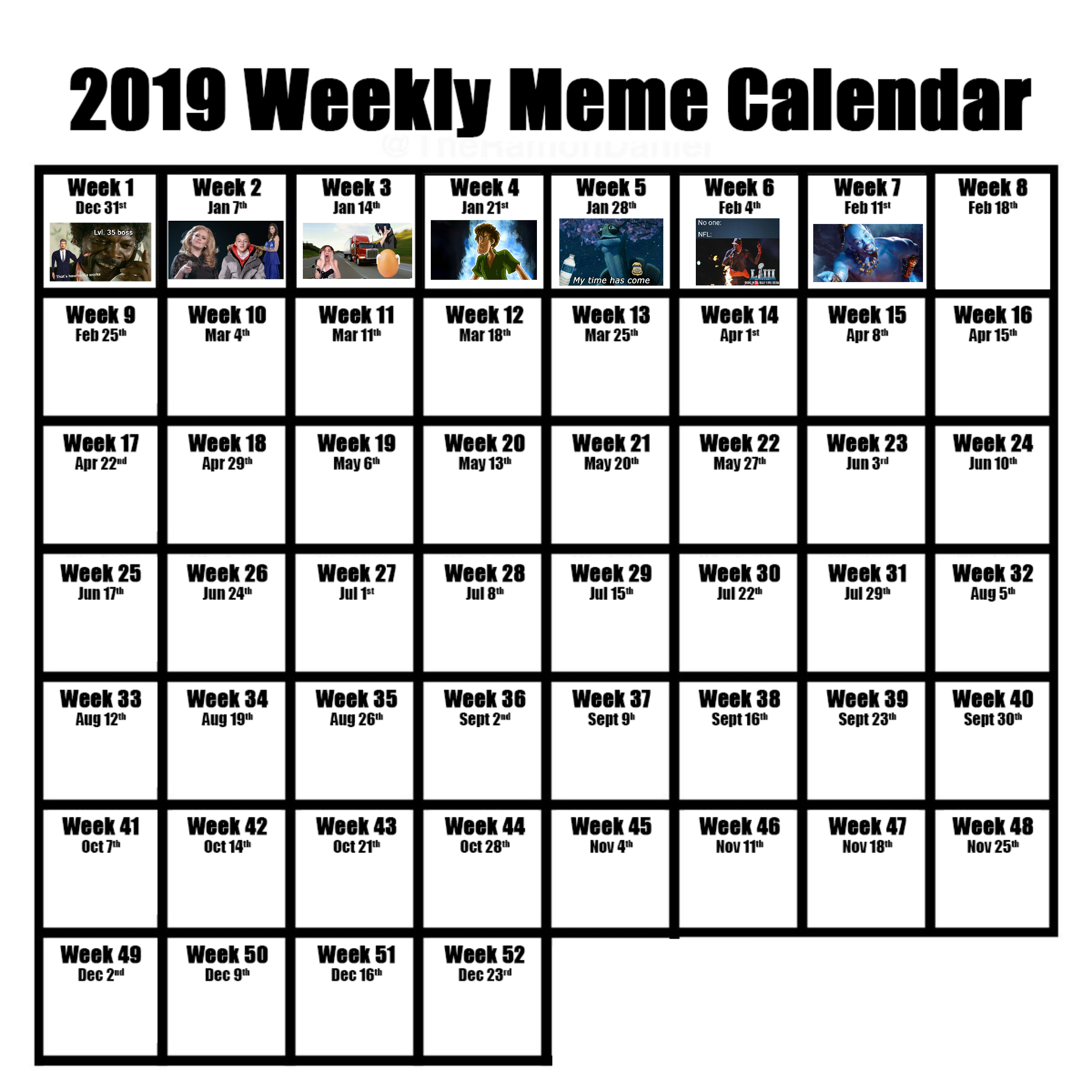 Weekly 2019 Calendar: Week 7/52 : Memecalendar