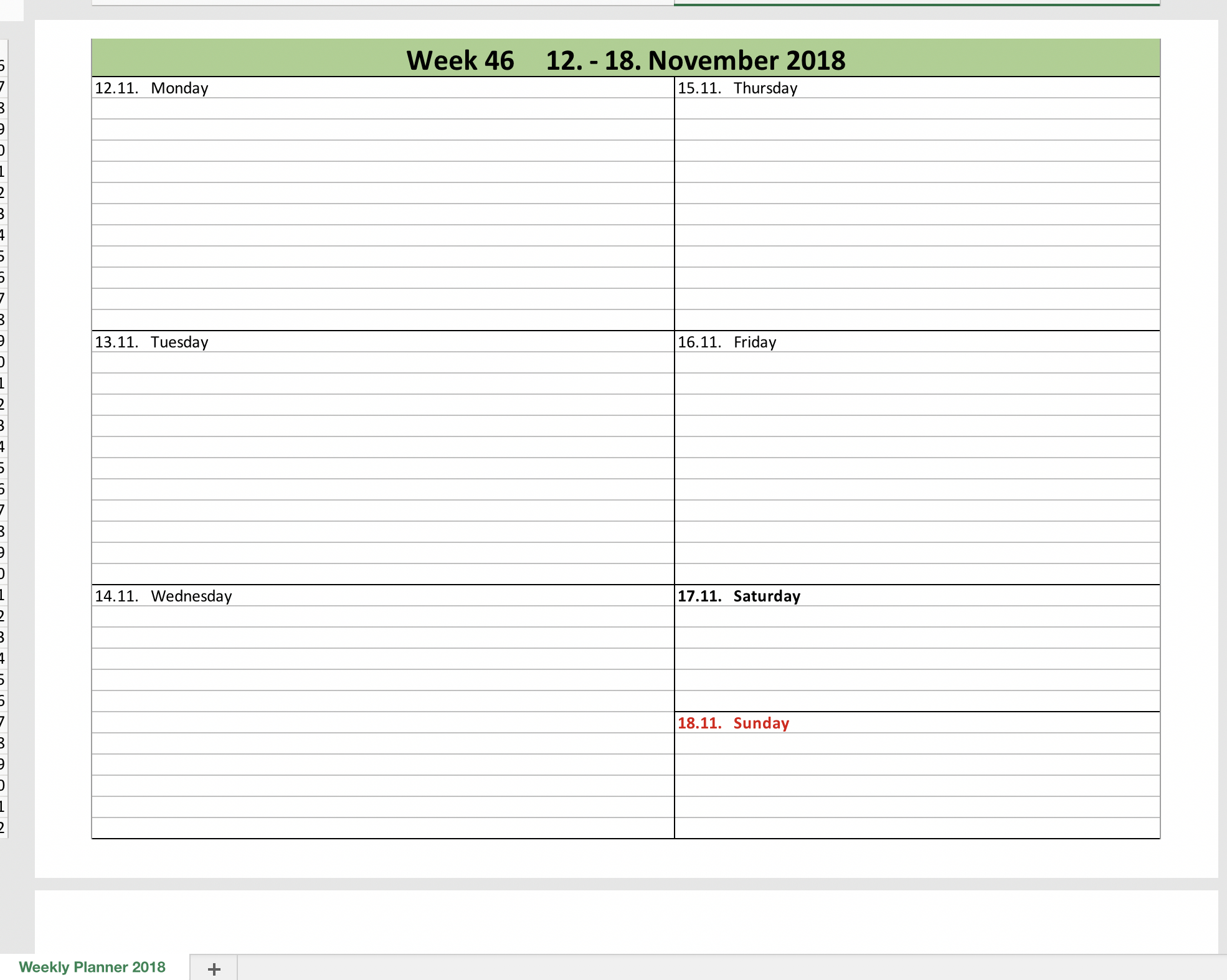 Weekly Calendar 2018 With Excel