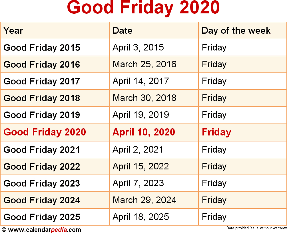 Calendar 2020 Good Friday