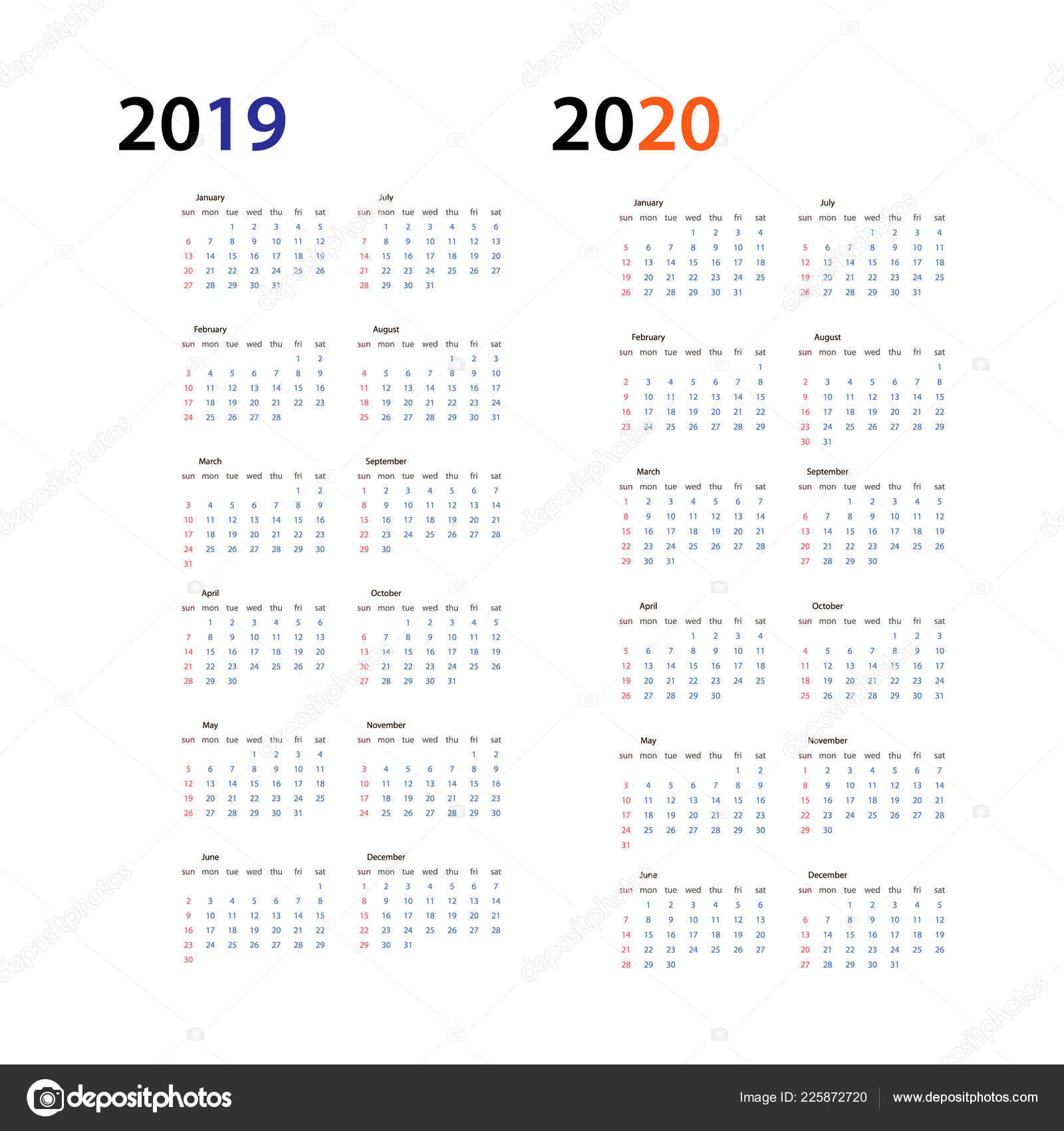 Year 2019 And Year 2020 Calendar Horizontal Vector Design