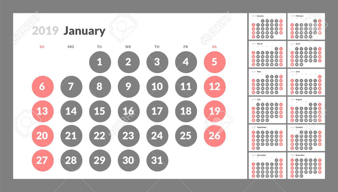 Year 2019 Calendar Horizontal Vector Design Template With Numbers..