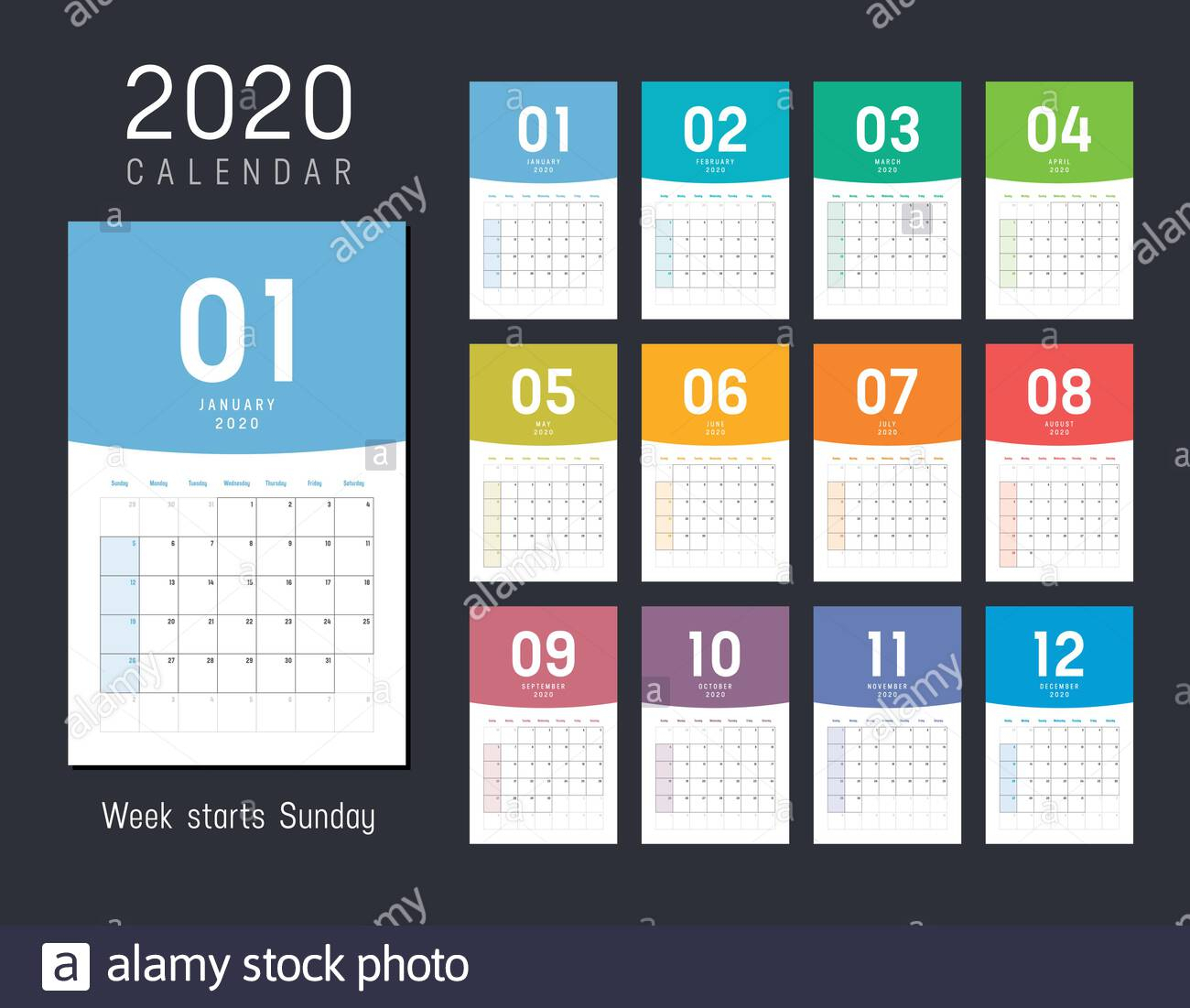 Year 2020 Monthly Desk Calendar. Week Starts Sunday. Vector