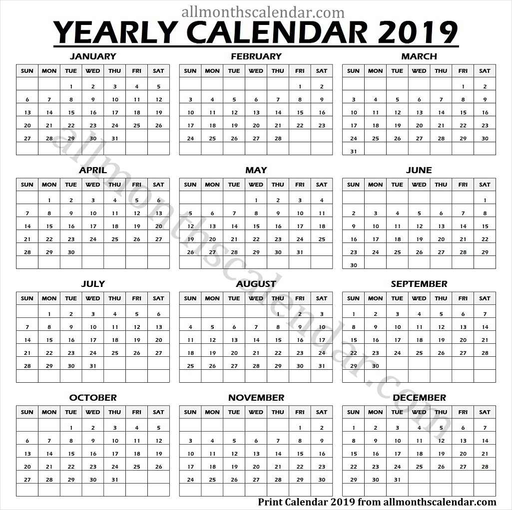Year Calendar On One Page | Month Calendar Printable