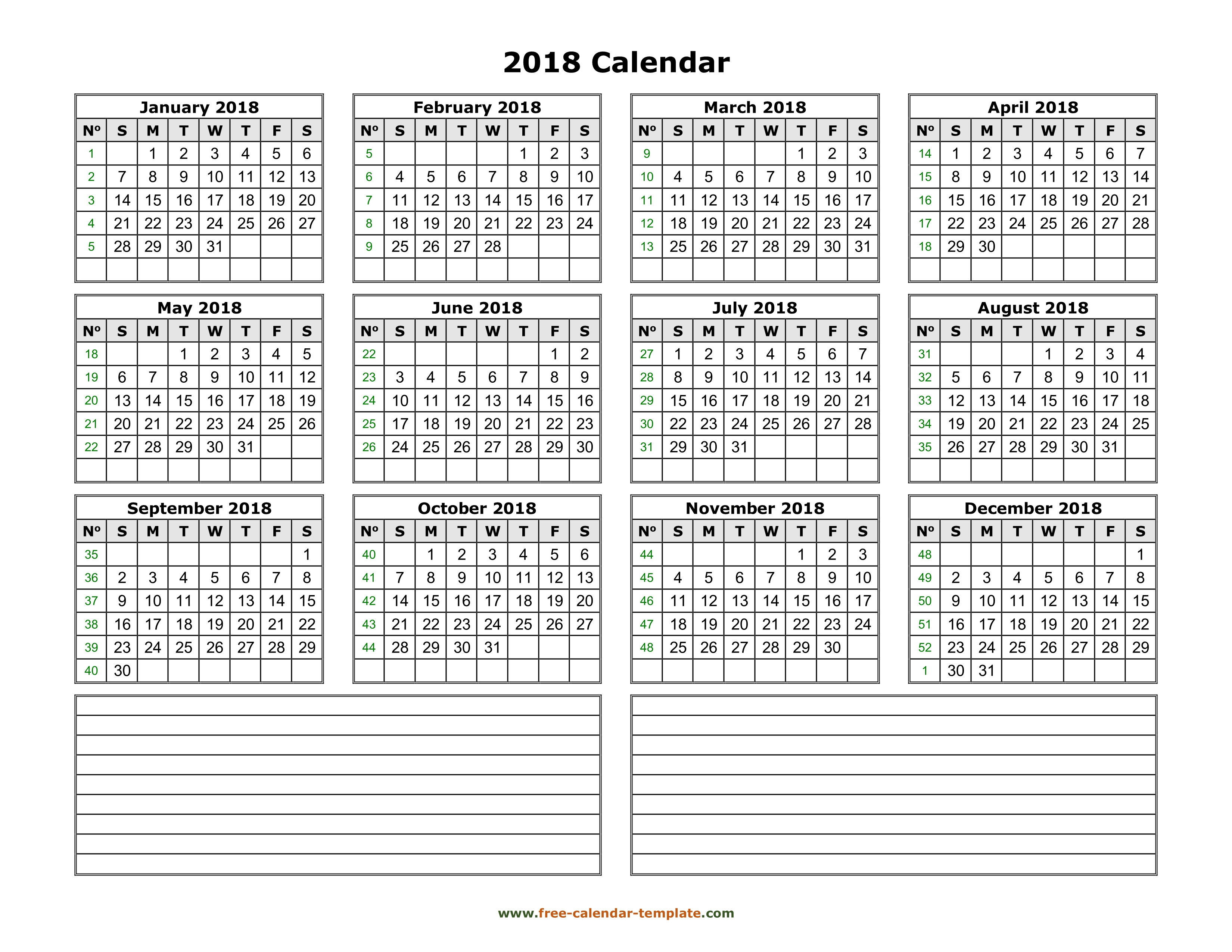 Yearly 2018 Calendar Printable With Space For Notes | Free