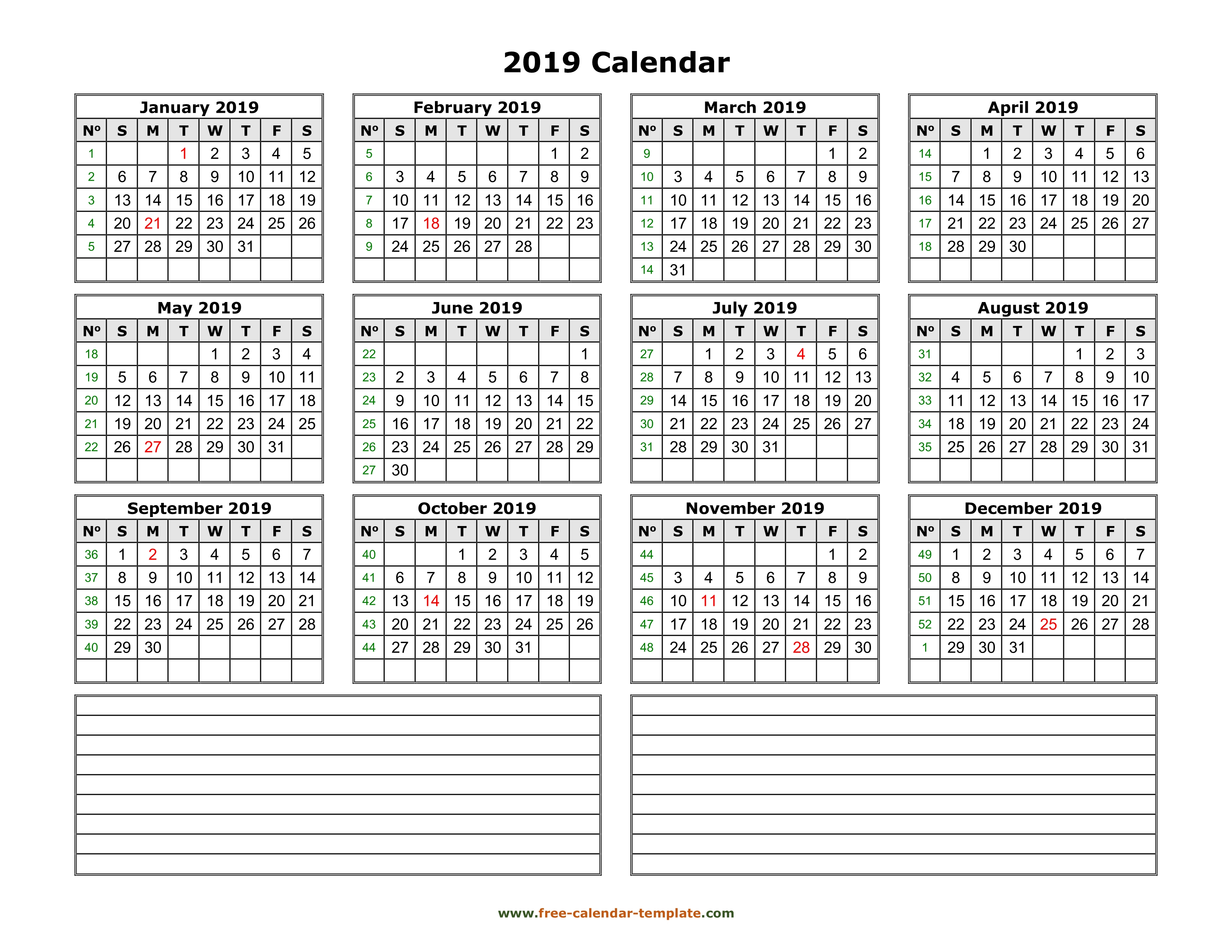 Yearly 2019 Calendar Printable With Space For Notes | Free