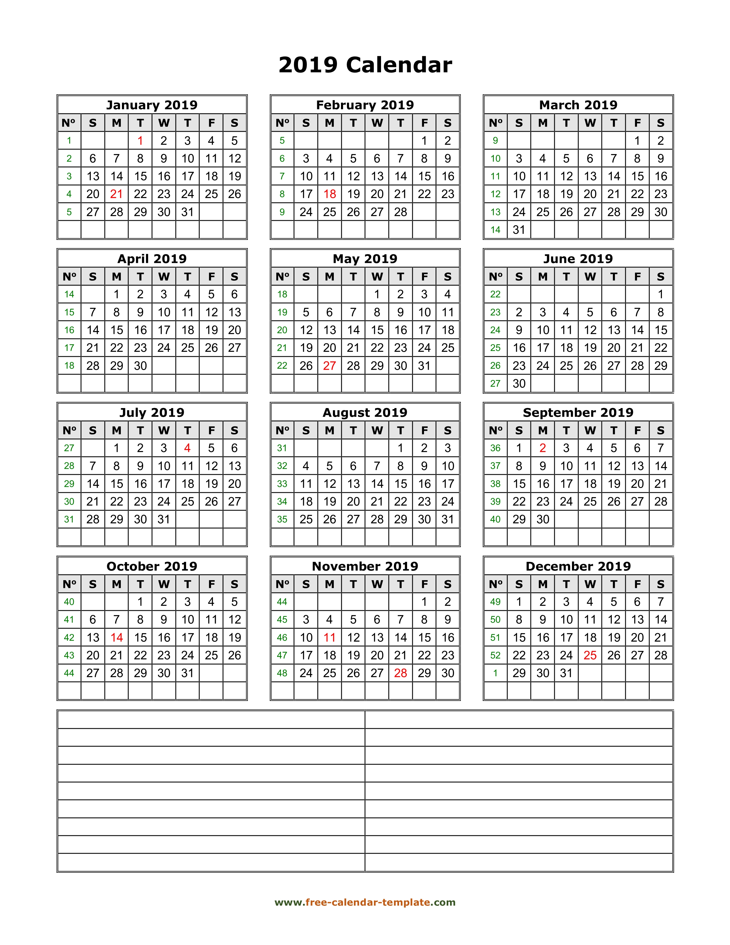 Yearly 2019 Printable Calendar With Space For Notes | Free