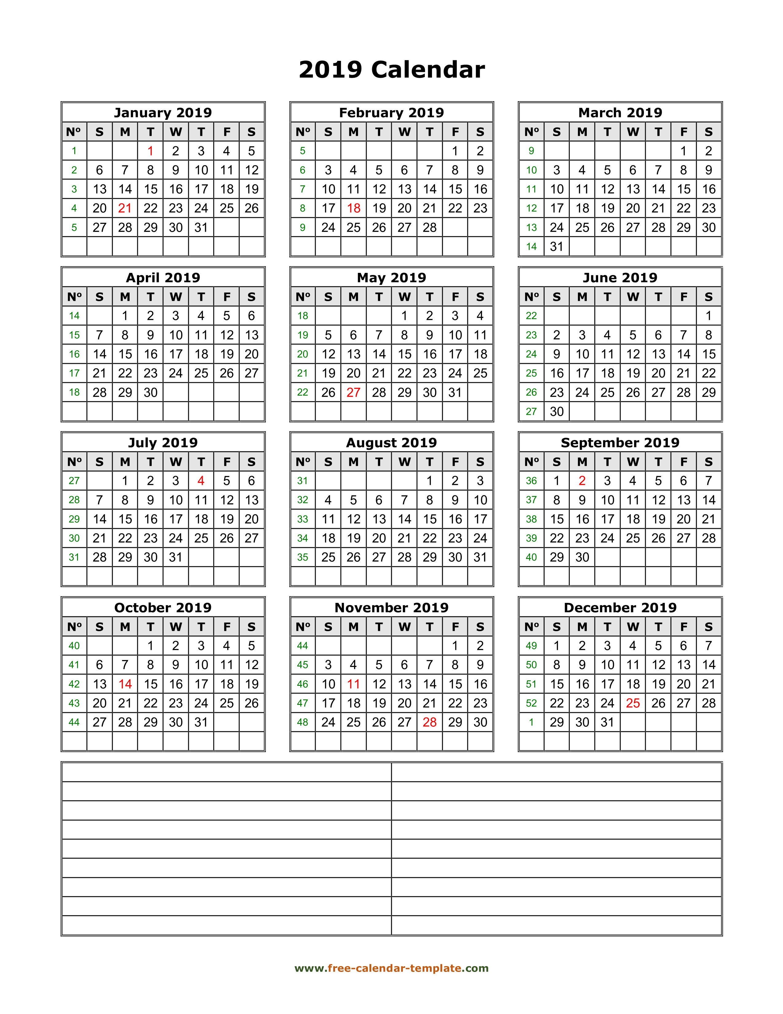 Year Calendar With Notes | Calendar Printables Free Templates