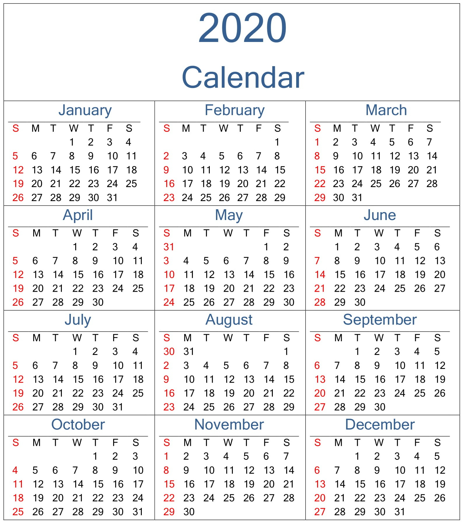 Yearly 2020 Calendar Excel Template - Latest Printable
