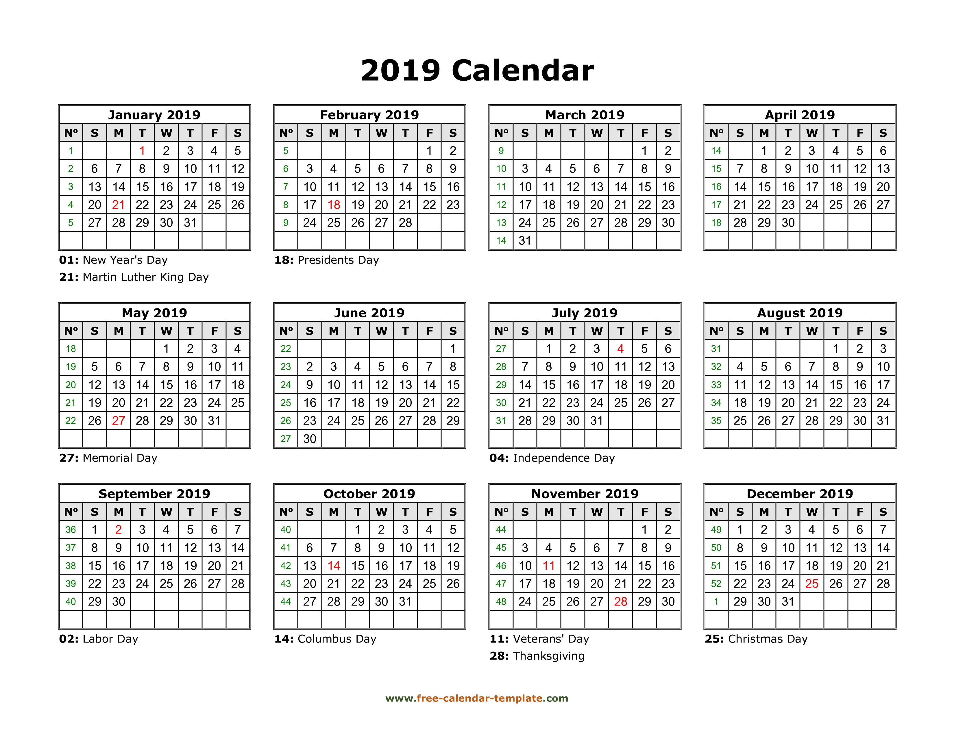 Yearly Calendar 2019 Printable With Federal Holidays | Free
