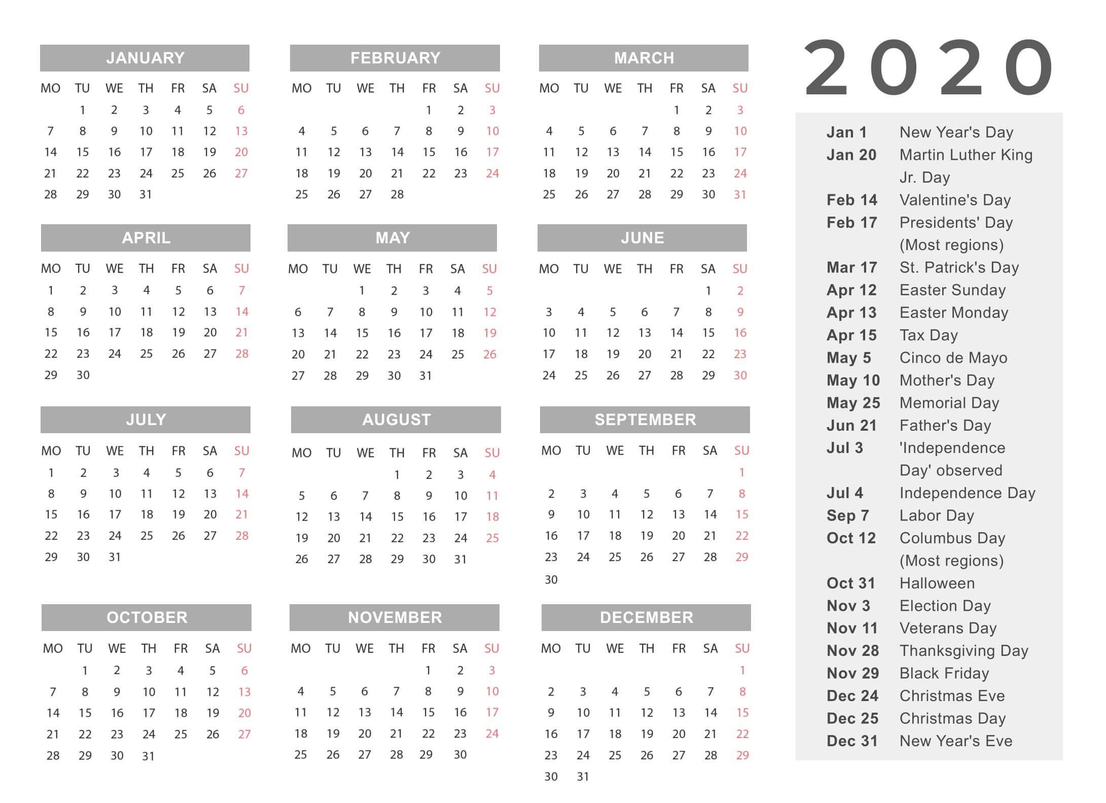 Yearly Calendar Template With Notes 2020 - 2019 Calendars