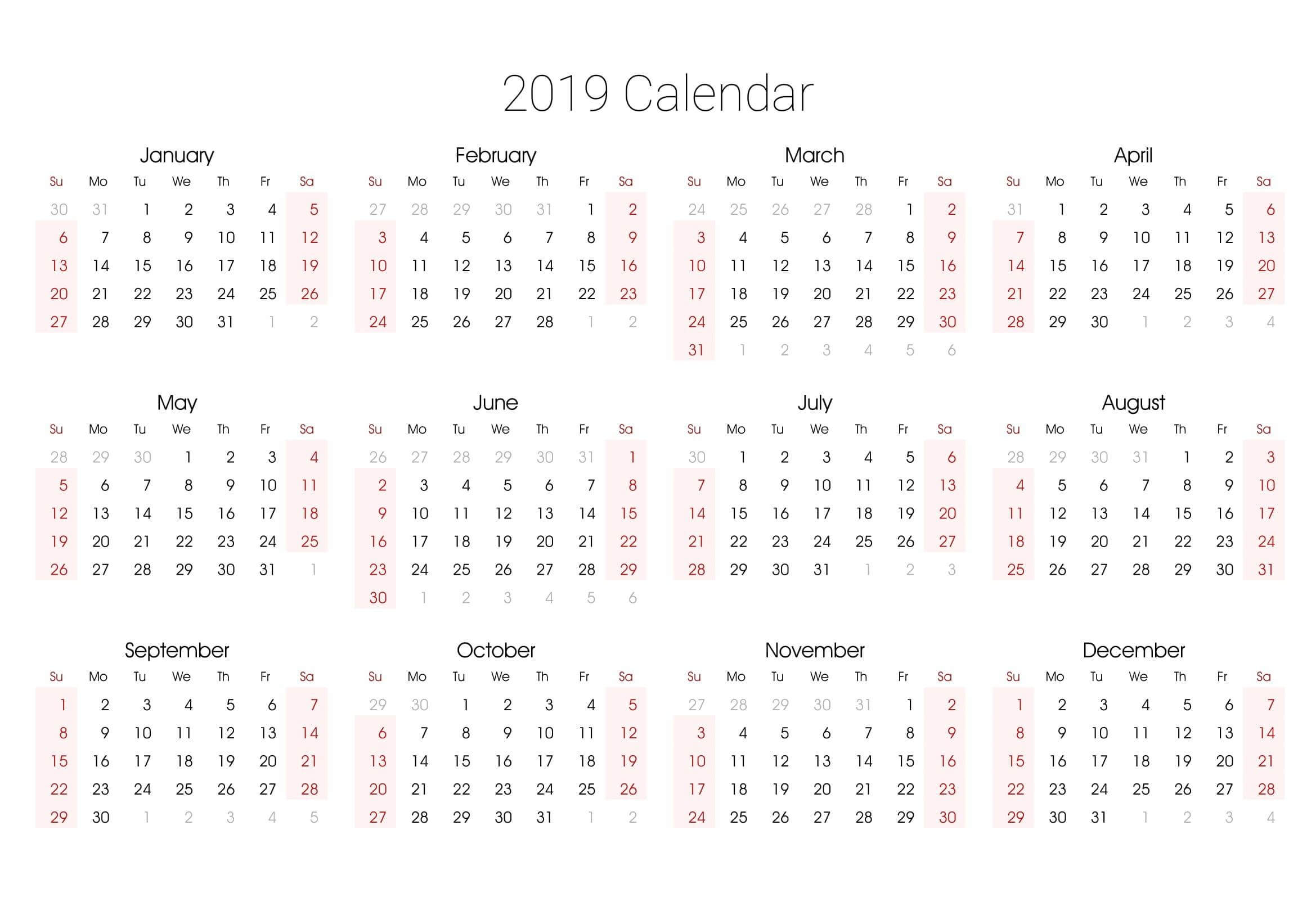 Yearly Calendar Template With Notes 2020 - 2019 Calendars