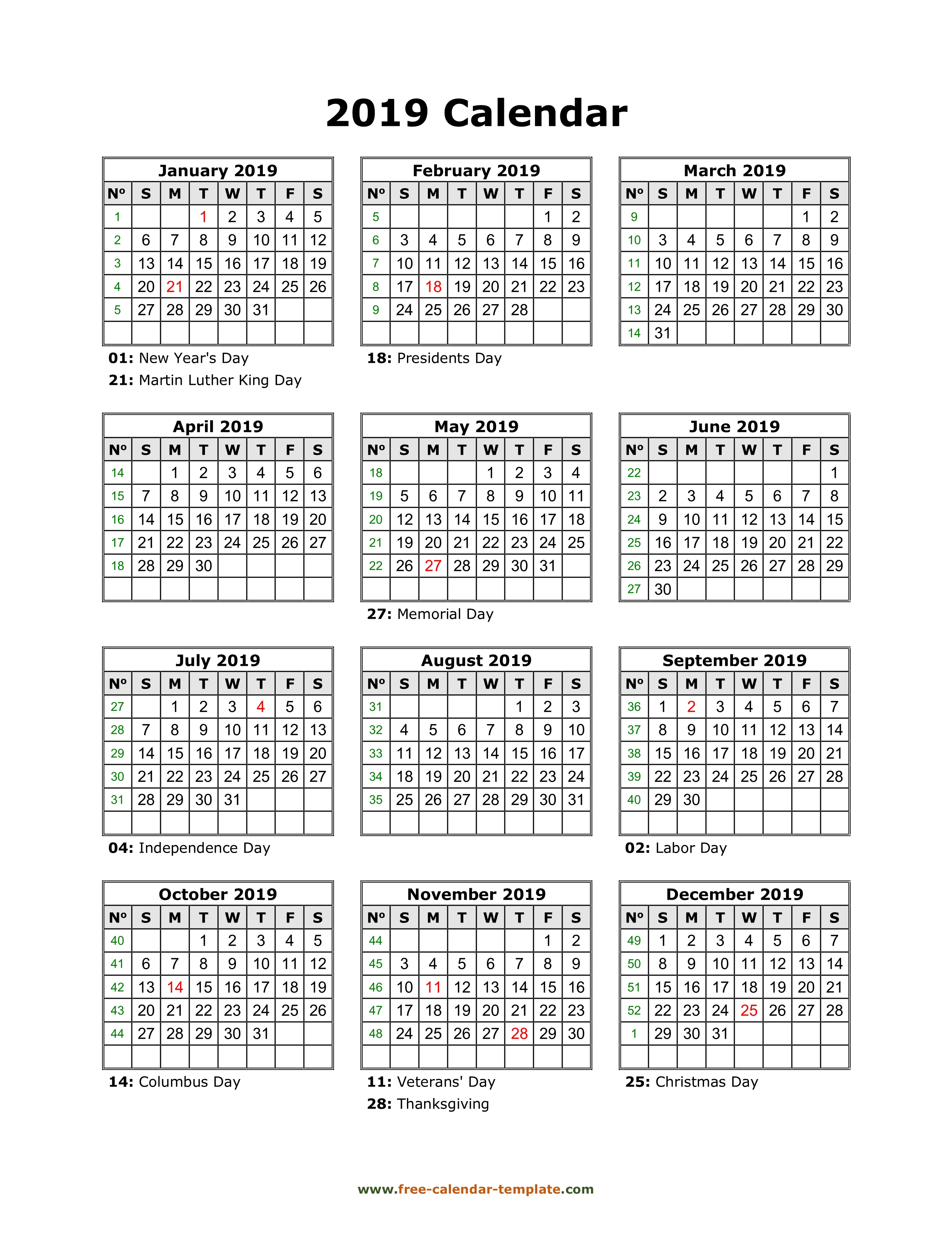 Yearly Printable Calendar 2019 With Holidays | Free-Calendar