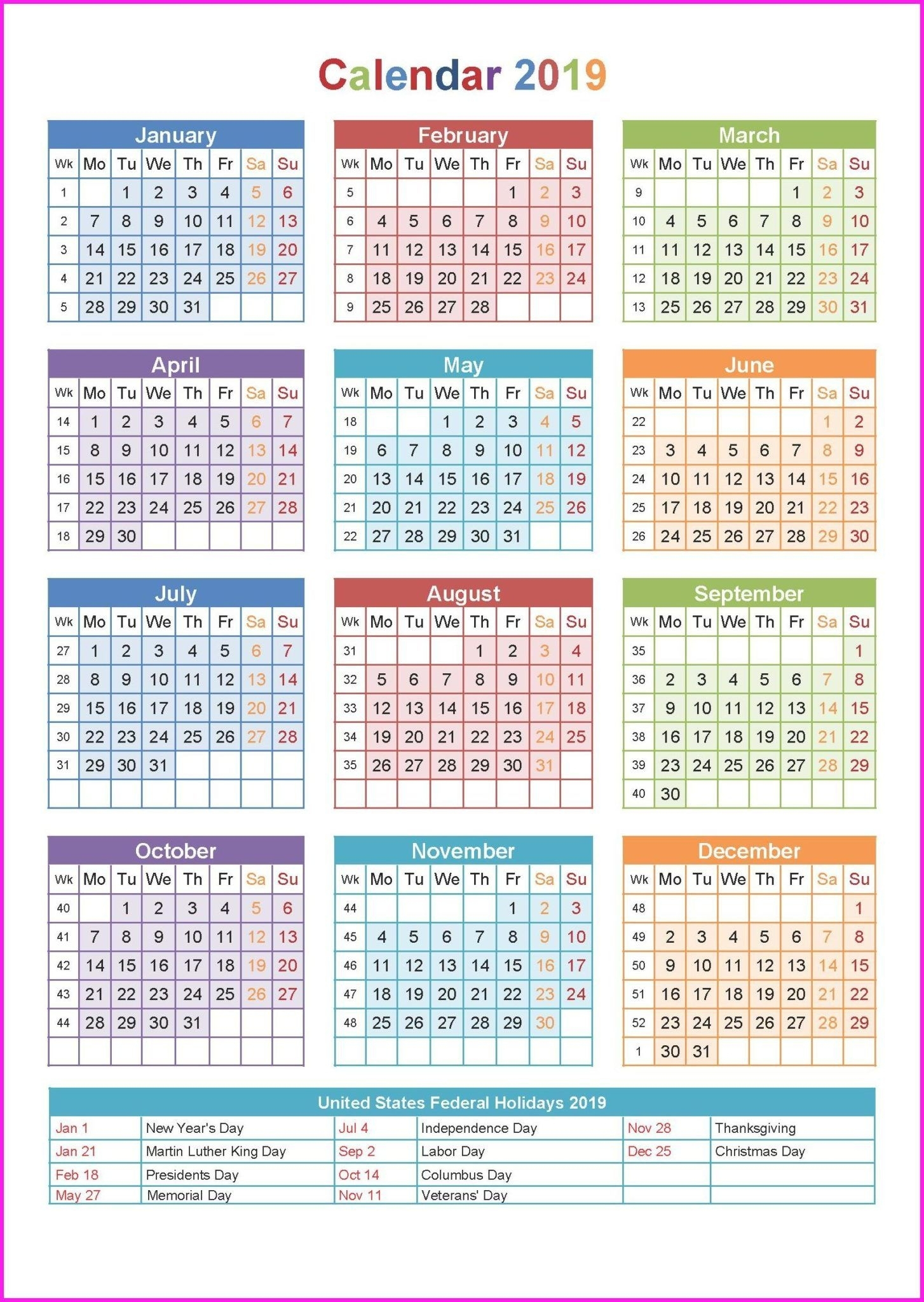 1 Page Calendar 2019-2020 With Major Holidays - Calendar