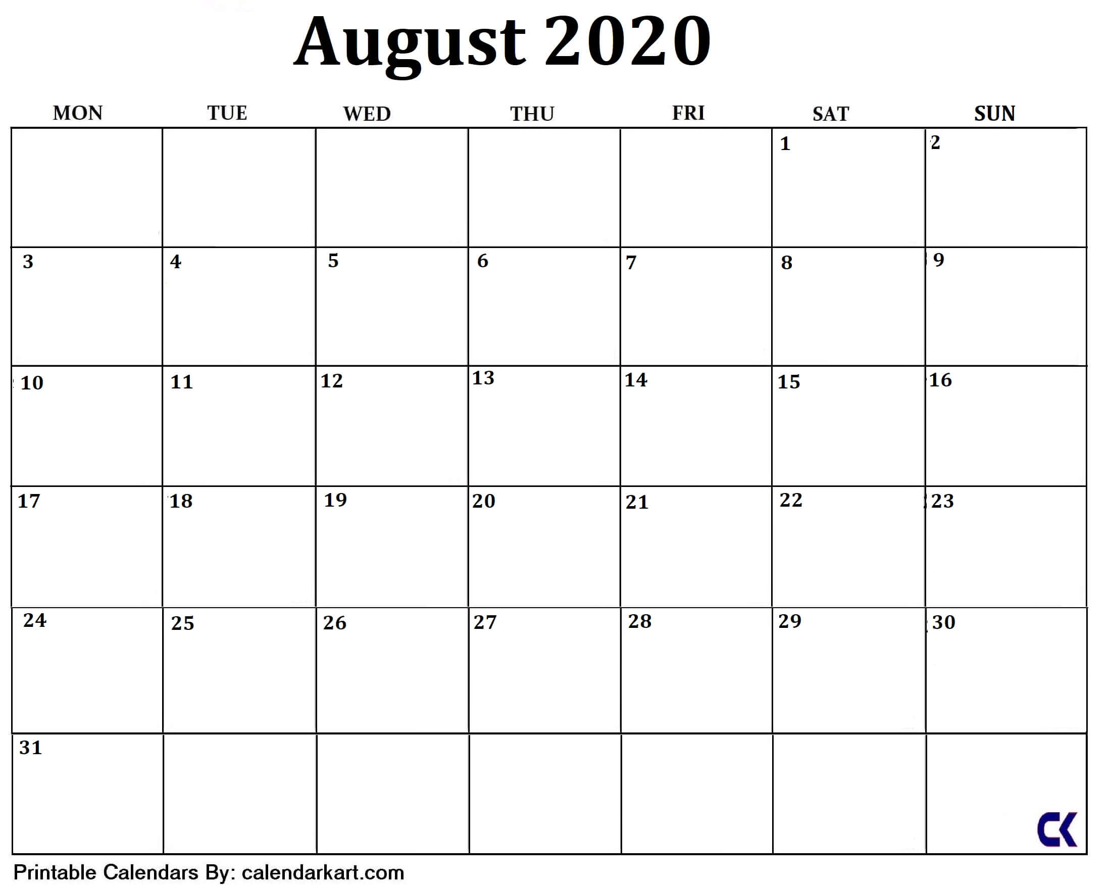 10 Free Printable Cute And Stylish August 2020 Calendar