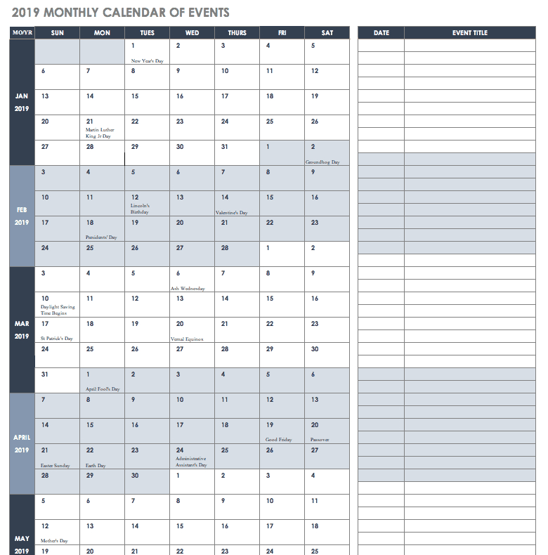 15 Free Monthly Calendar Templates | Smartsheet