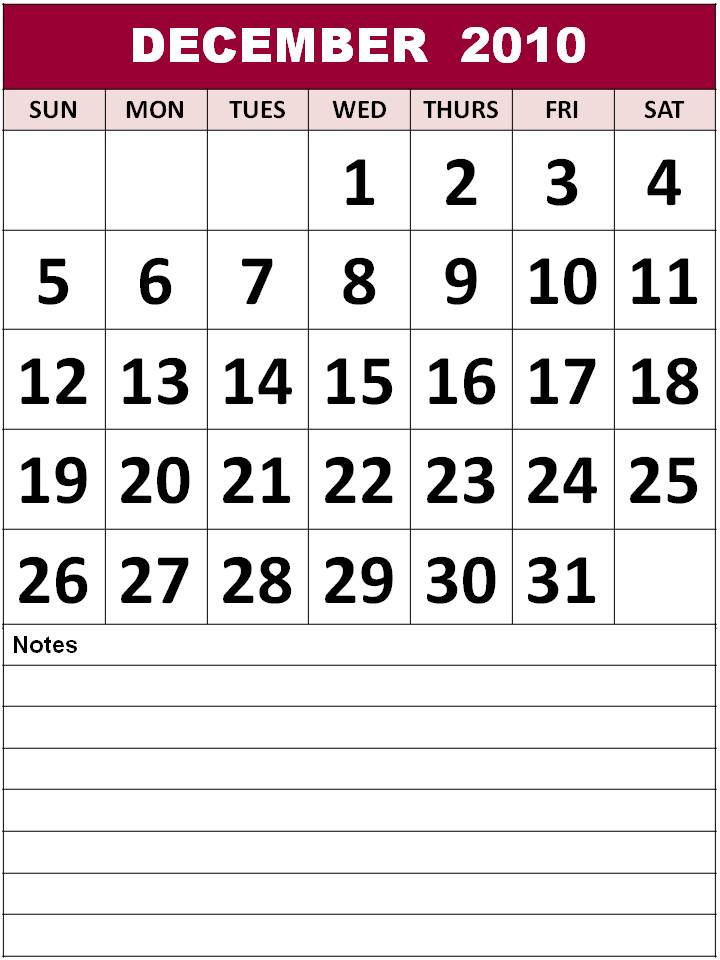 2010 Printable Calendar Space For Writing 9Jasports