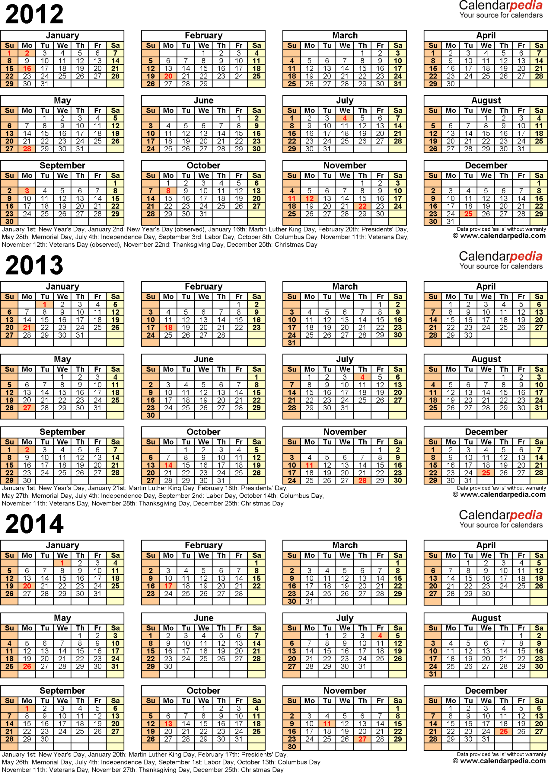 2012-2014 Three Year Calendar - Free Printable Pdf Templates