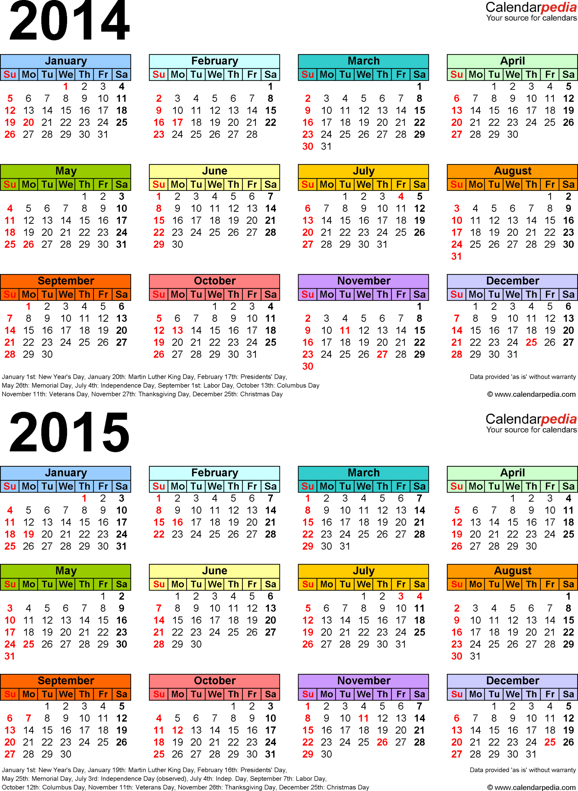 2014-2015 Two Year Calendar - Free Printable Pdf Templates