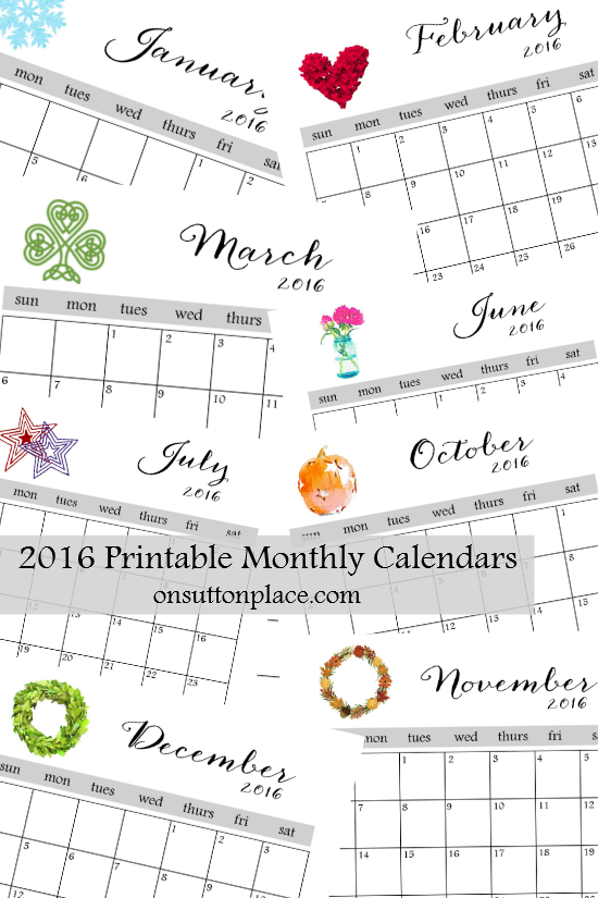 2016 Printable Monthly Calendar | On Sutton Place