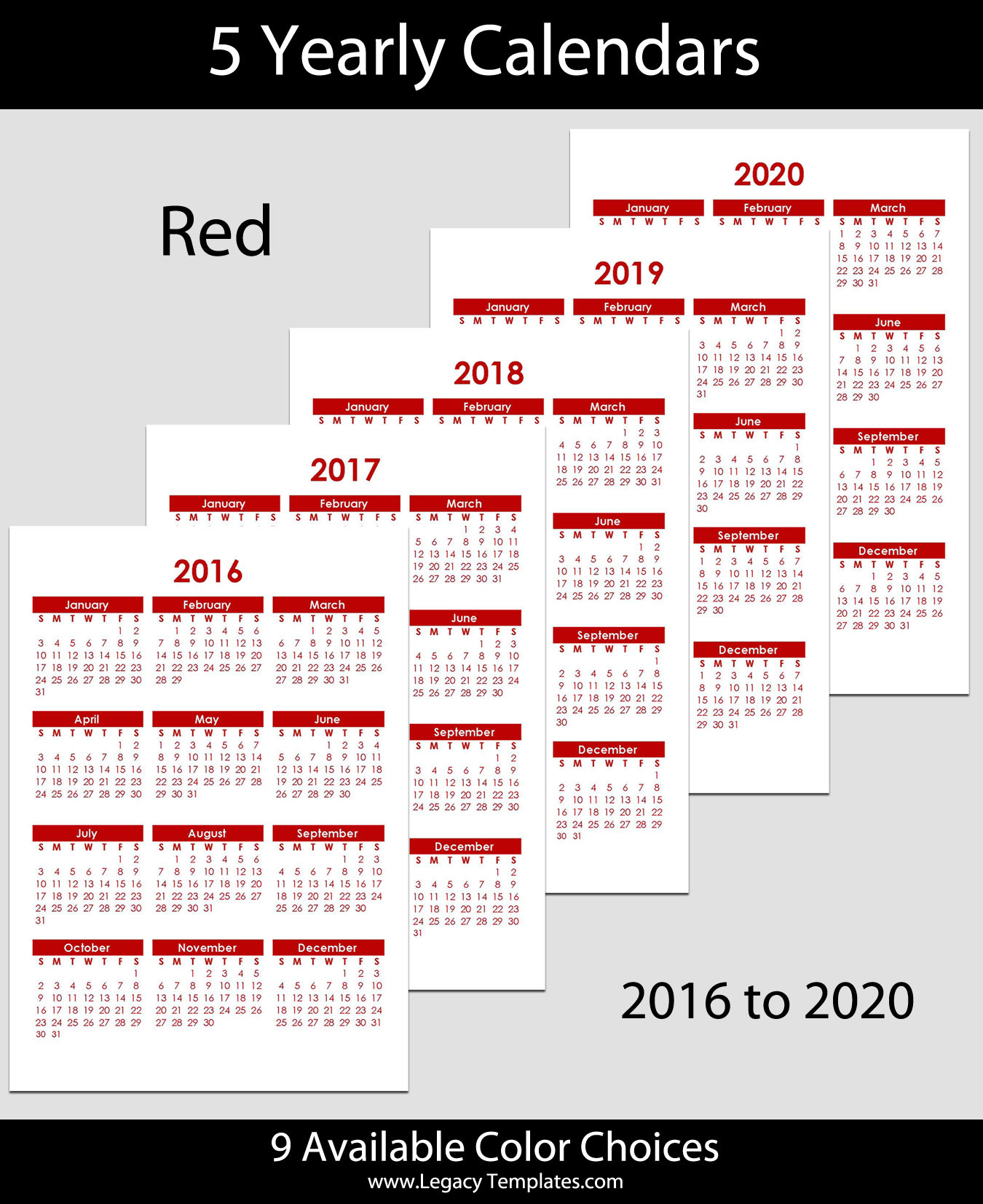 2016 To 2020 Yearly Calendar – A5 | Legacy Templates