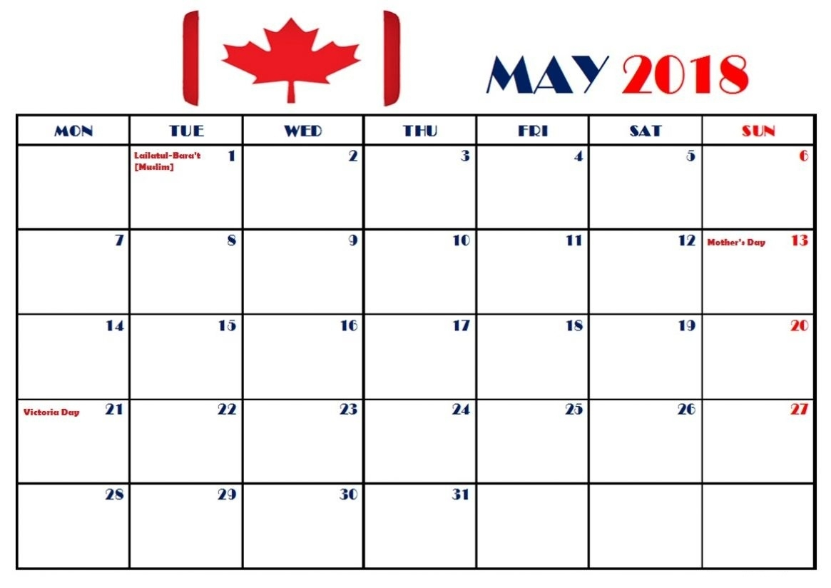 2018 Canadian Calendar With Holidays Printable – Template