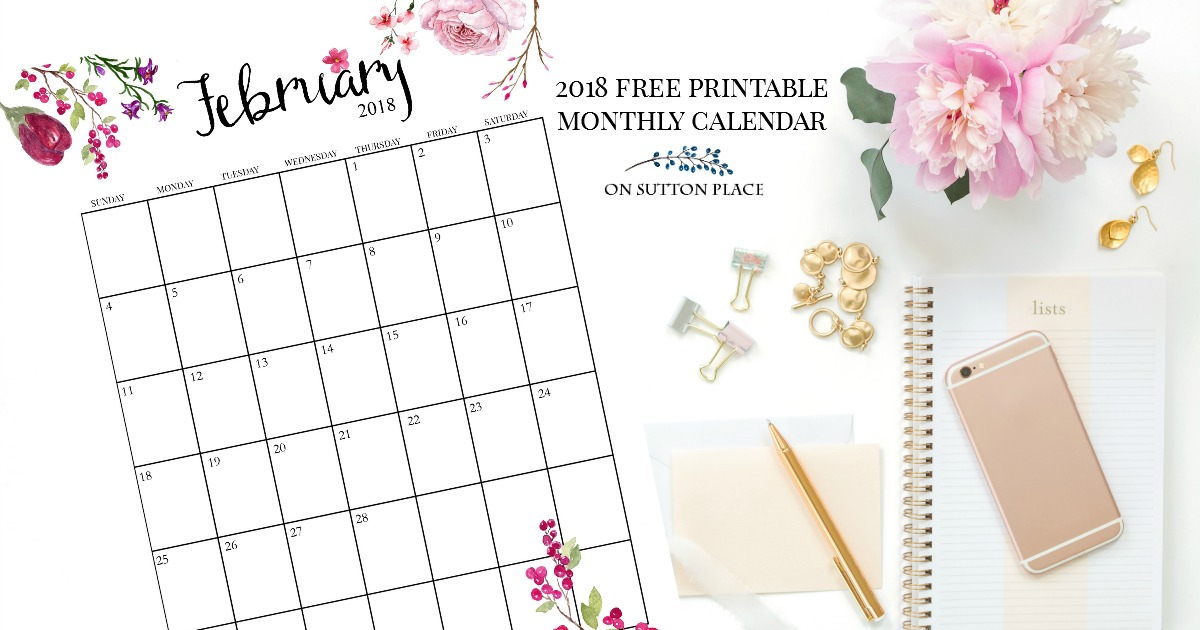 2018 Free Printable Monthly Calendar - On Sutton Place