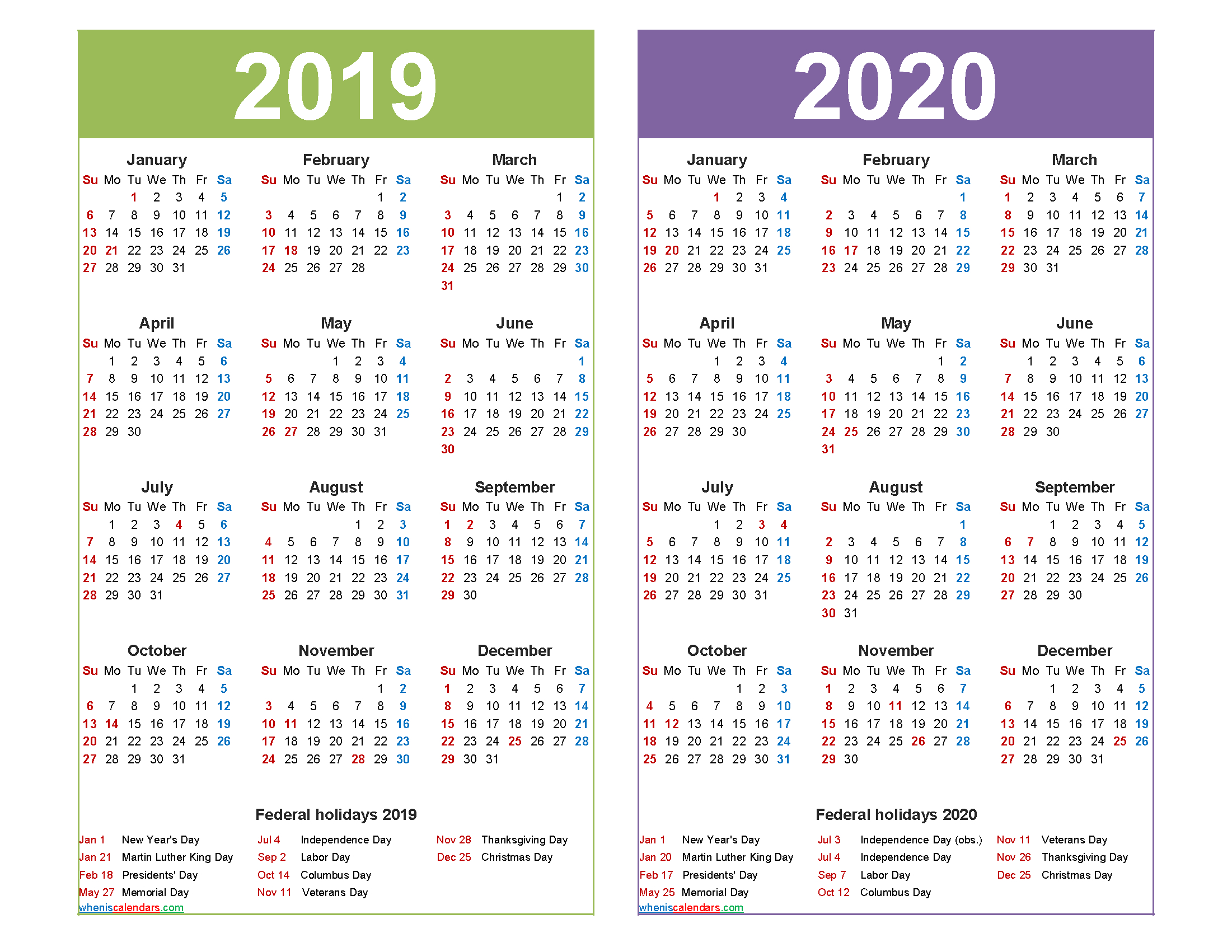2019 And 2020 Calendar Printable With Holidays Word, Pdf