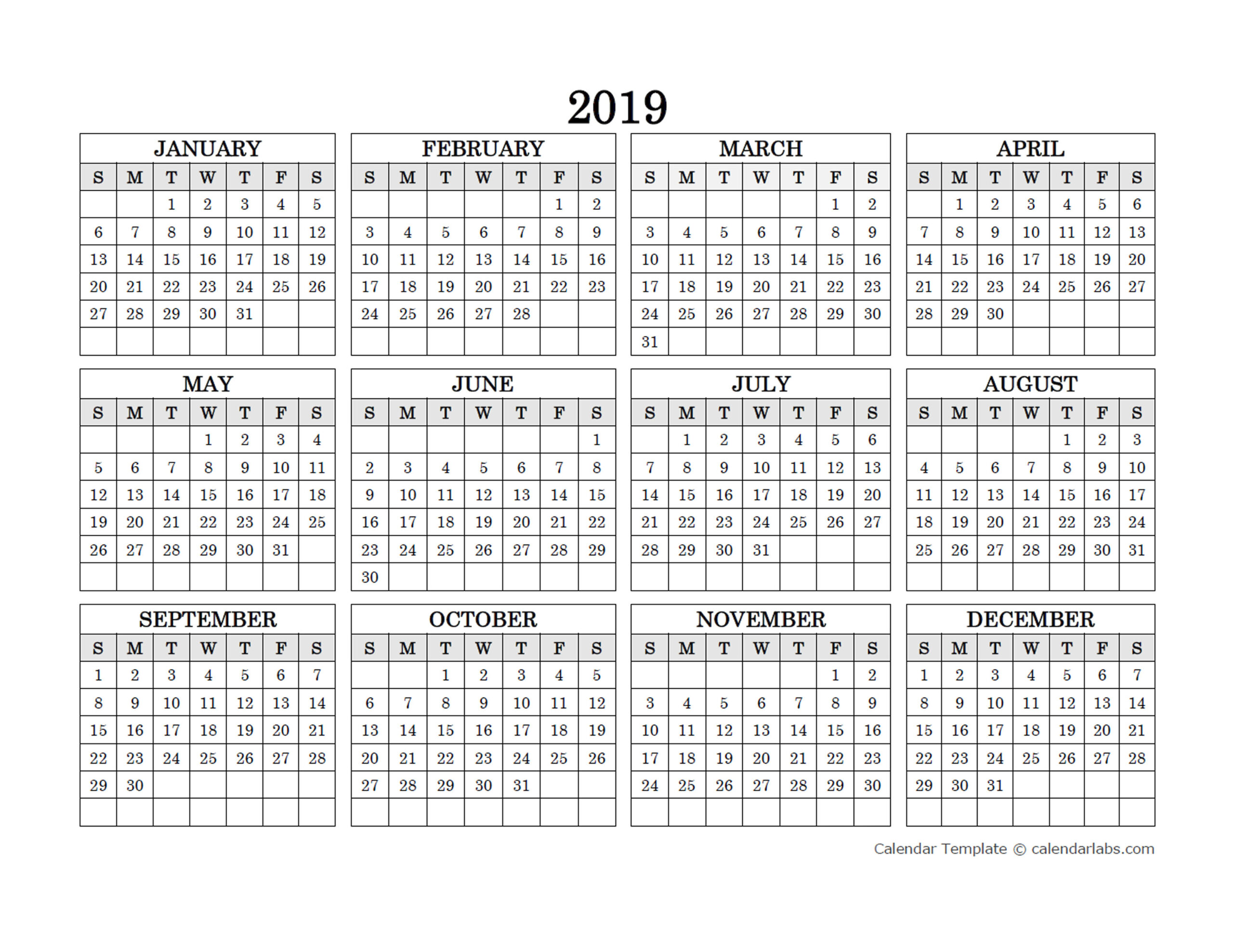 2019 Blank Yearly Calendar Landscape - Free Printable