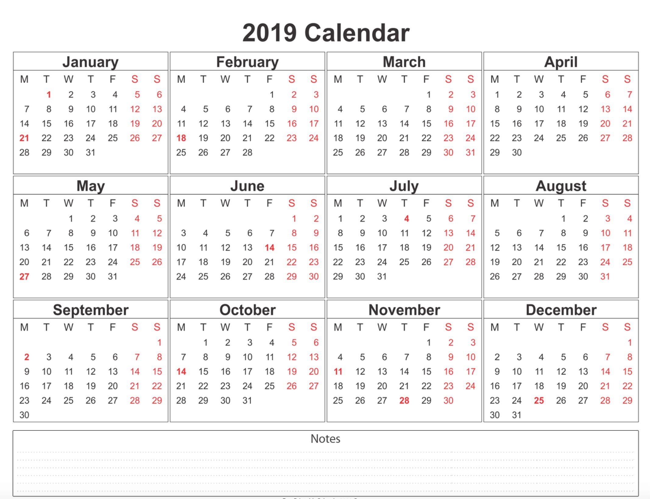 2019 Calendar Holidays Usa, India, Uk, Canada, Australia
