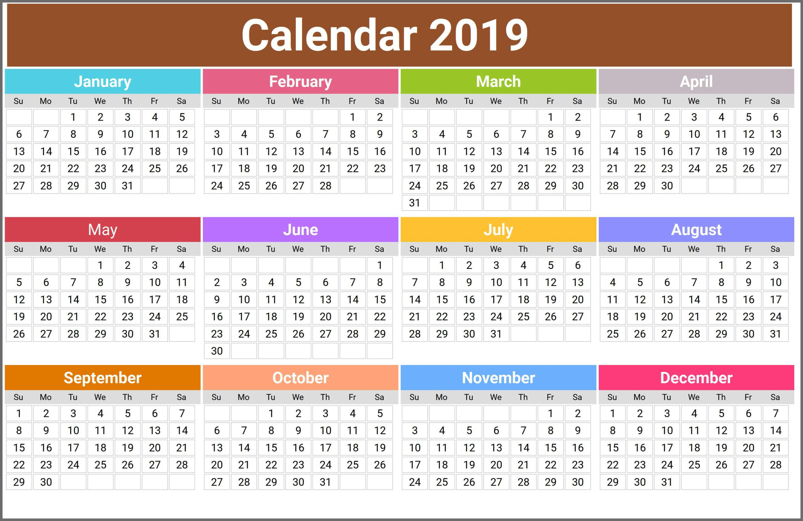 2019 Calendar Holidays Usa, India, Uk, Canada, Australia